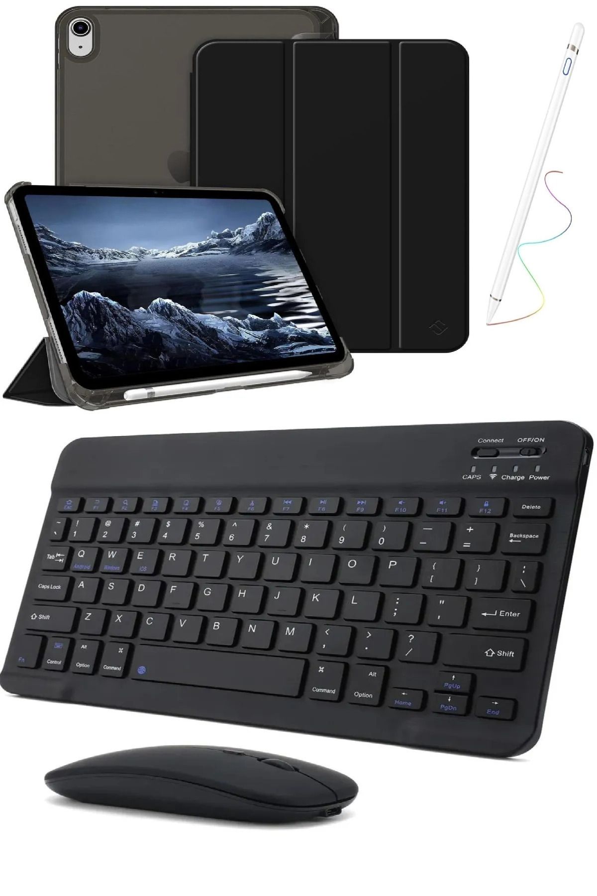 Covpor İpad Air 11inç M2/m3 Air 4/5.nesil 10.9 Uyumlu Flip Kılıf Siyah + Bluetoothlu Klavye Mouse + Kalem