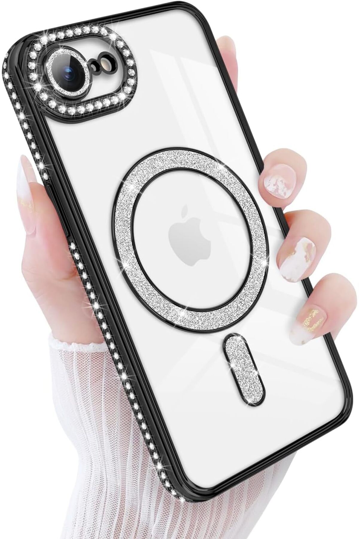 m.tk moveteck iPhone 16E Kılıf Kamera Ve Kenarları Taşlı Parıltılı Parlak Renkli Simli Kenarlı Magsafe Kapak