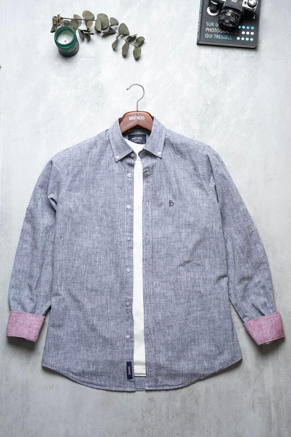 Brothers Erkek Tailored Fit Uzun Kol Logo Nakışlı Yıkamalı Pamuk Keten Gömlek Lindy Ls B01.251.709 -