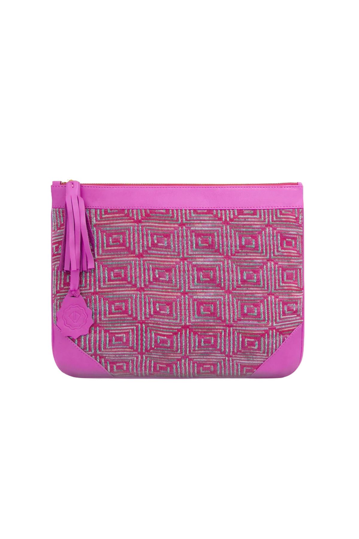 D'ylla Atelier Munch Serisinden Clutch 13'' Laptop Ve Tablet Uyumlu Jakarlı Deri El Çantası - Fuşya