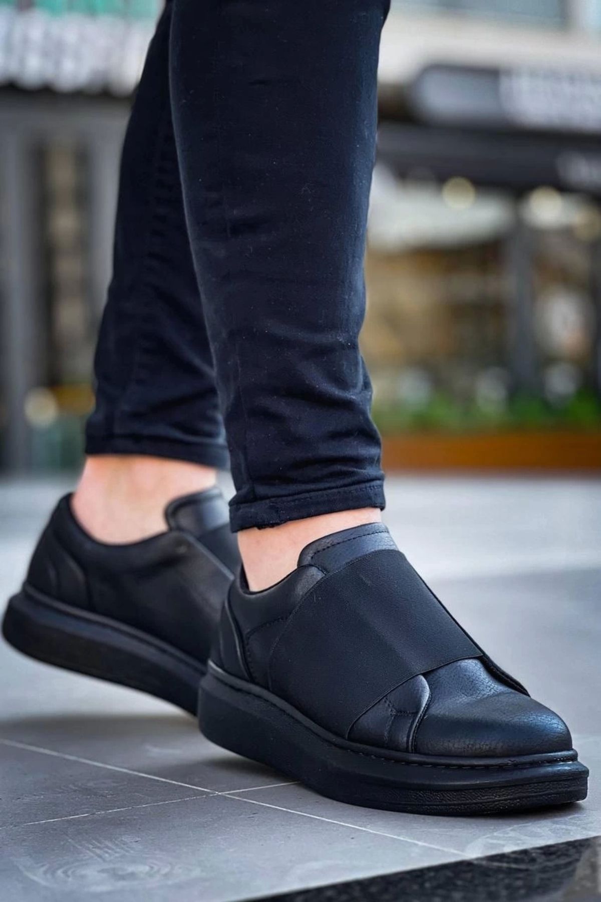 OurStyles KB-040 Kuback Siyah Cilt Siyah Yüksek Taban Lastikli Günlük Erkek Ayakkabı