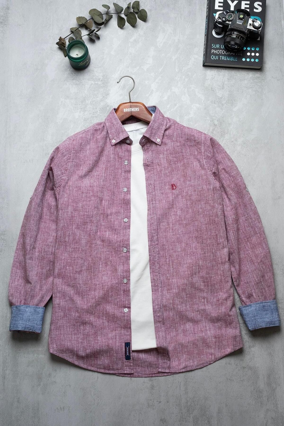 Brothers Erkek Tailored Fit Uzun Kol Logo Nakışlı Yıkamalı Pamuk Keten Gömlek Lindy Ls B01.251.709 -