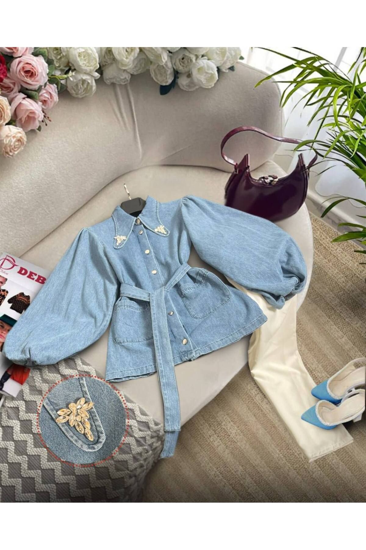 zümrüt moda yakası taş detaylı ceket ve pantolon , ikili kot takım 1794