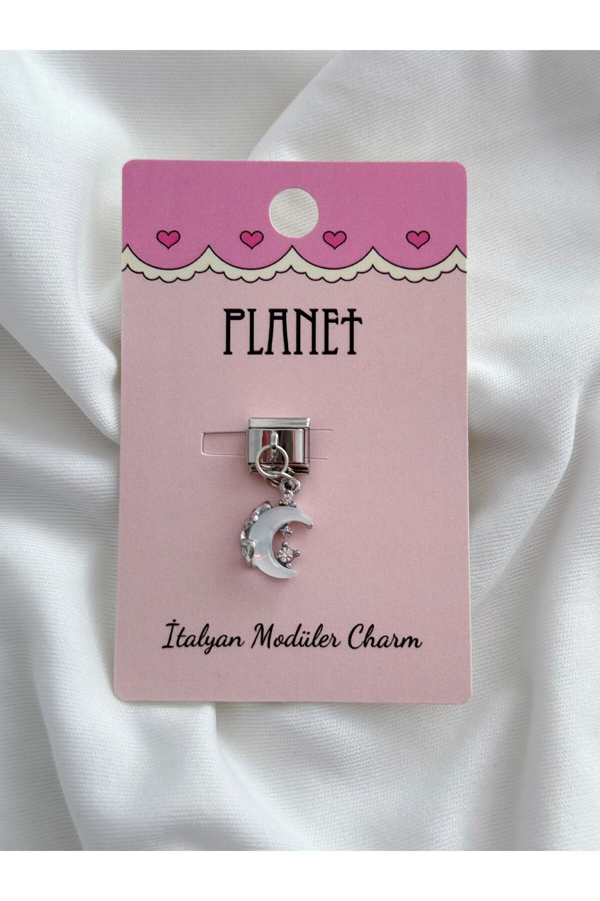 Planet Butik Taşlı Hilal Sallantılı Kartlı İtalyan Charm