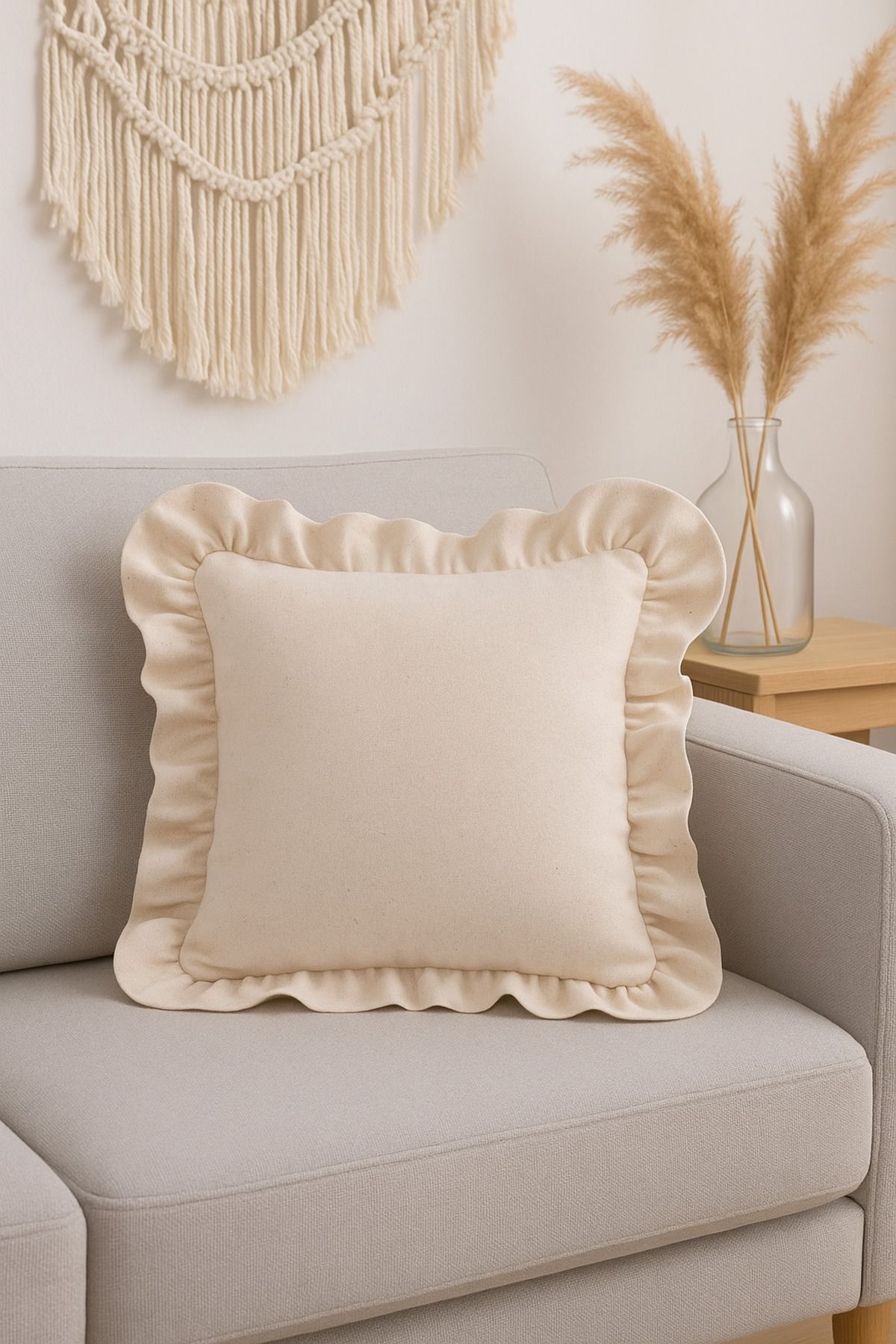 Mirilliahome Ham Keten Fırfırlı Vintage Kırlent Kılıfı 43x43 cm