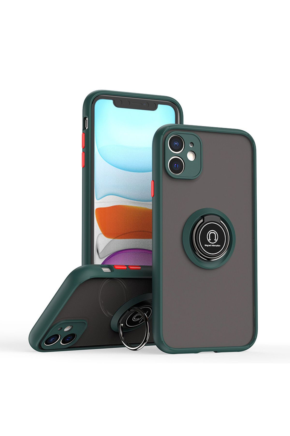 Rivor Apple iPhone 11 Uyumlu Kılıf Kamera Korumalı Standlı Buzlu Kenarları Renkli Yüzüklü Silikon Kapak