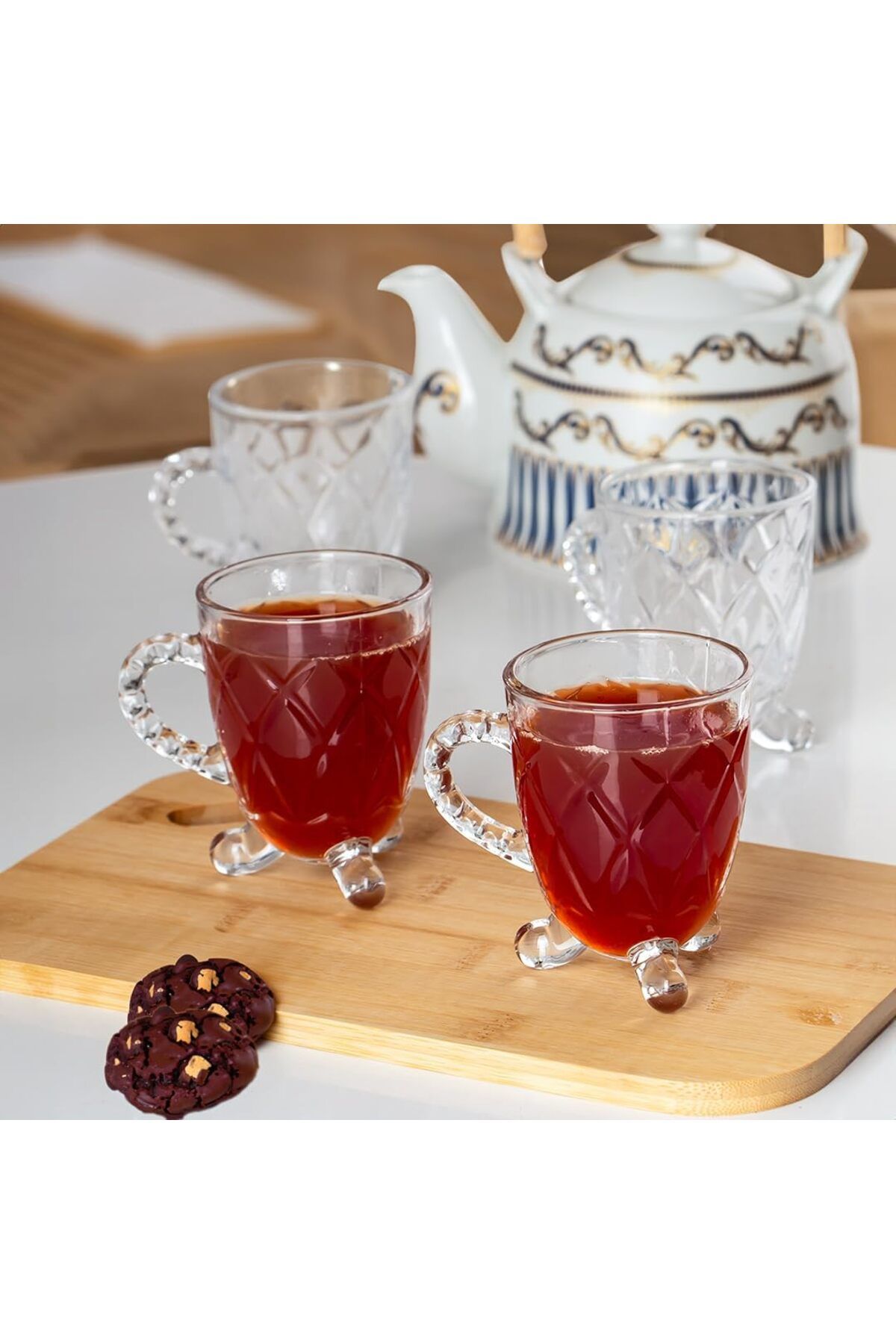 Mu Art Ahşap Ayaklı Kulplu Desenli 4'lü Cam Bardak - Kulplu Çay Kahve Bardağı - 200 cc