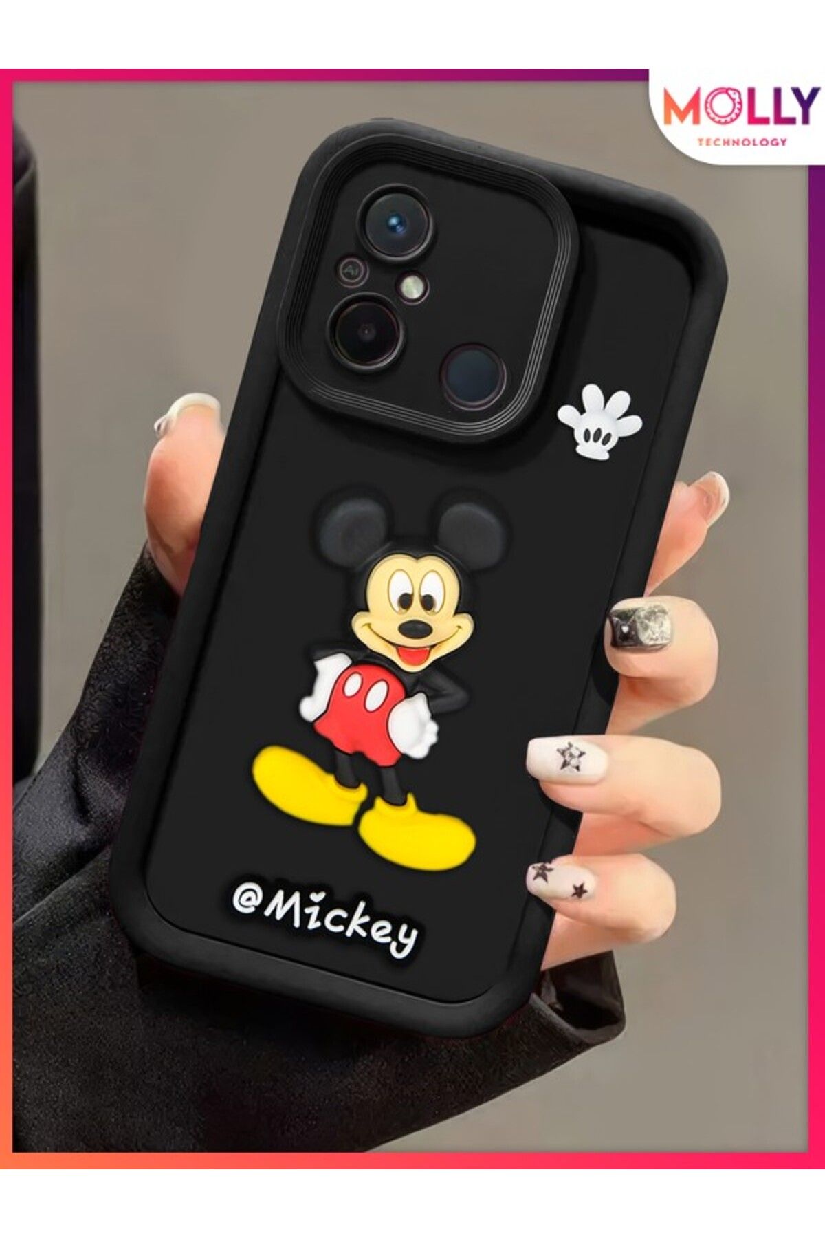 Molly Xiaomi Redmi 12C İçin Siyah Kenarları Kalın 3d Kabartmalı Mickey Silikon Kılıf