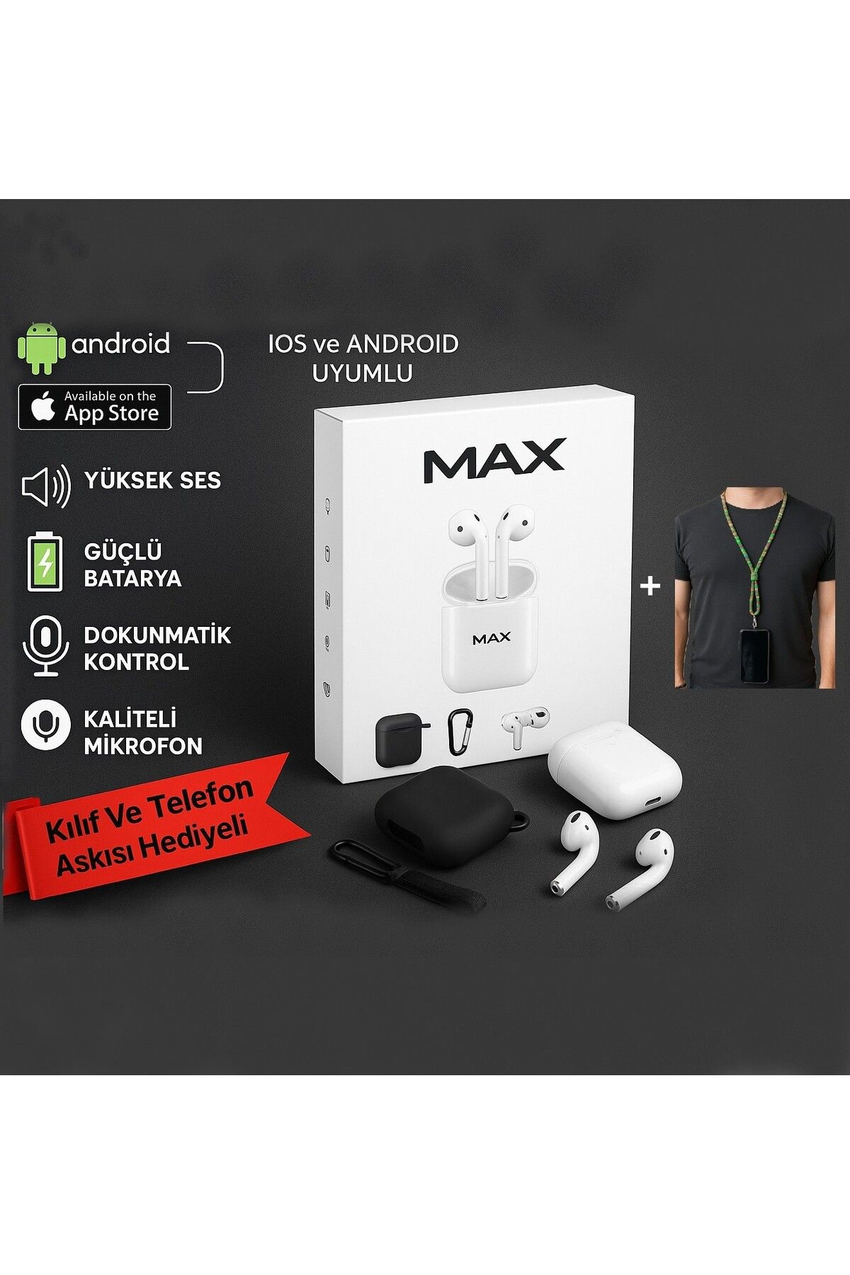 Onouqo Beyaz 2.Nesil Ios Android Uyumlu Kablosuz Bluetooth Kulaklık Kılıf Ve Telefon Askısı Hediyeli