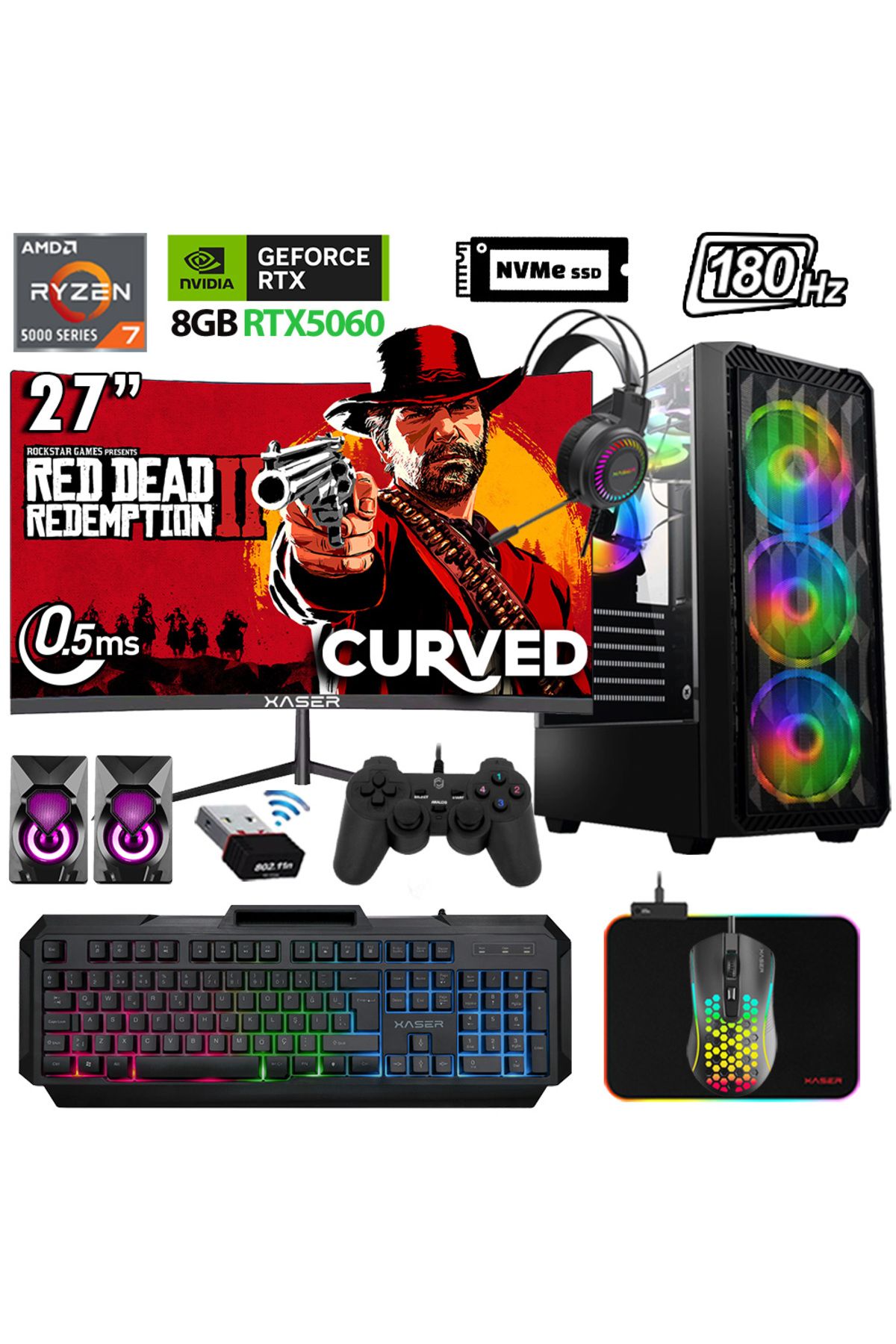 XASER Xsr1144 Ryzen 7 5700X 32GB Ram 2TB M.2 NVMe SSD 8GB RTX5060 27" 180Hz Oyuncu Bilgisayarı