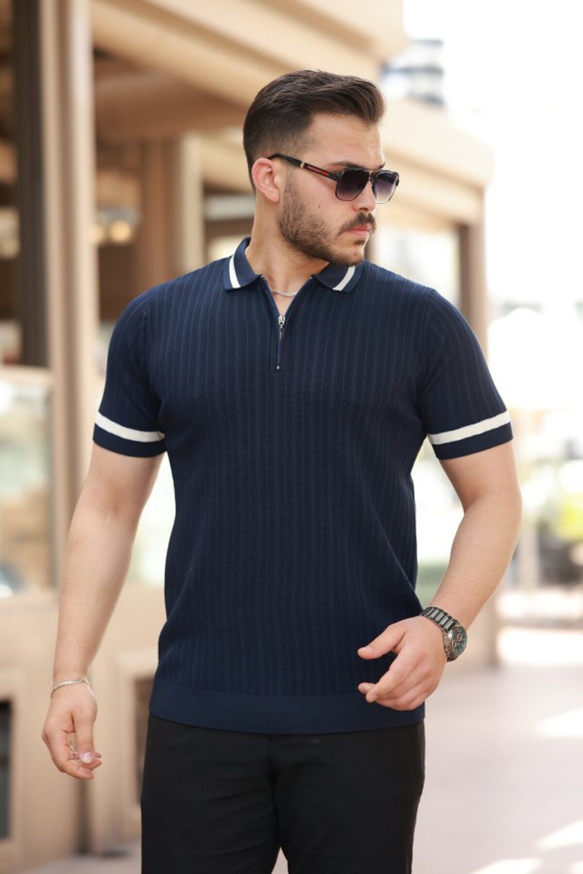 DRGY Erkek Yaka Ve Kolları çizgi Detaylı Fermuarlı Kısa Kollu T-shirt