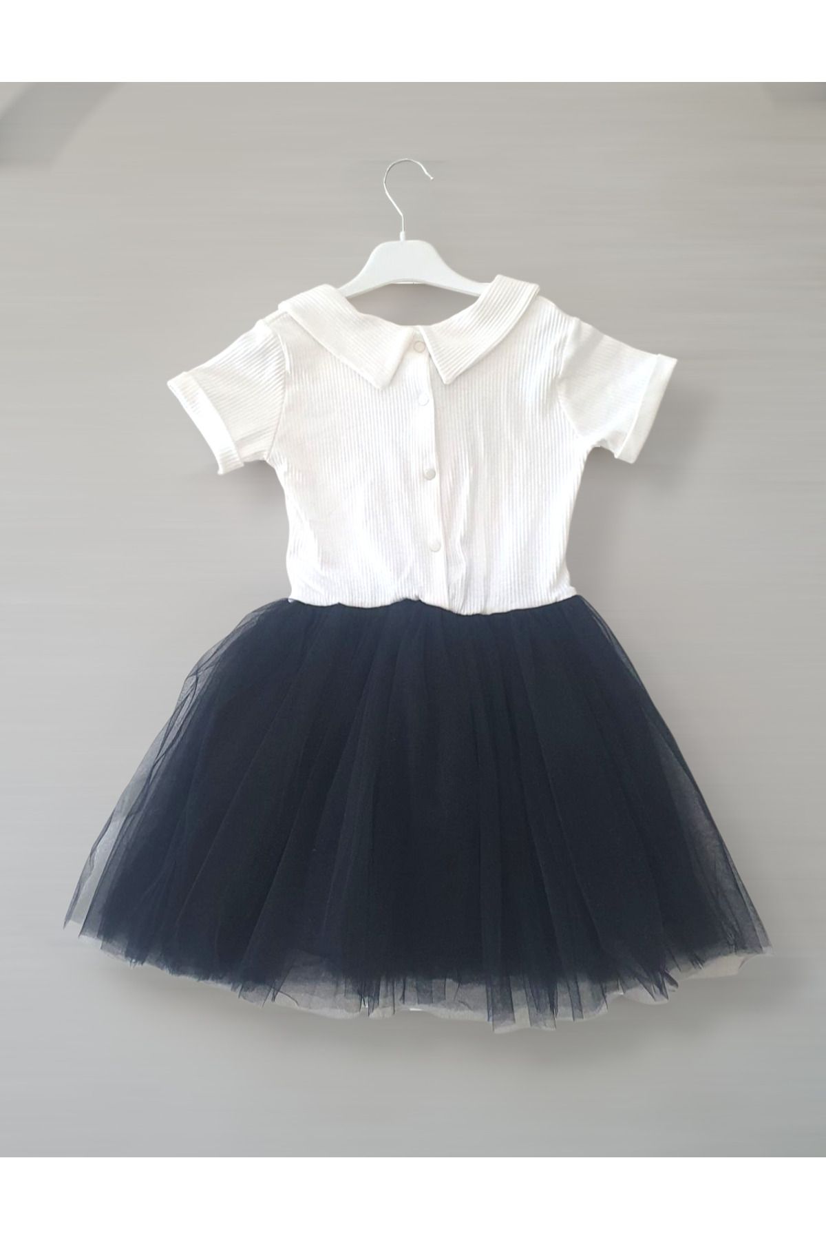 Şirin Şeyler Butiği-Perla Maneca Scurta Fata Copii Printesa Tutu Rochie Guler Bebe Lycra Elastic Negru Alb 2