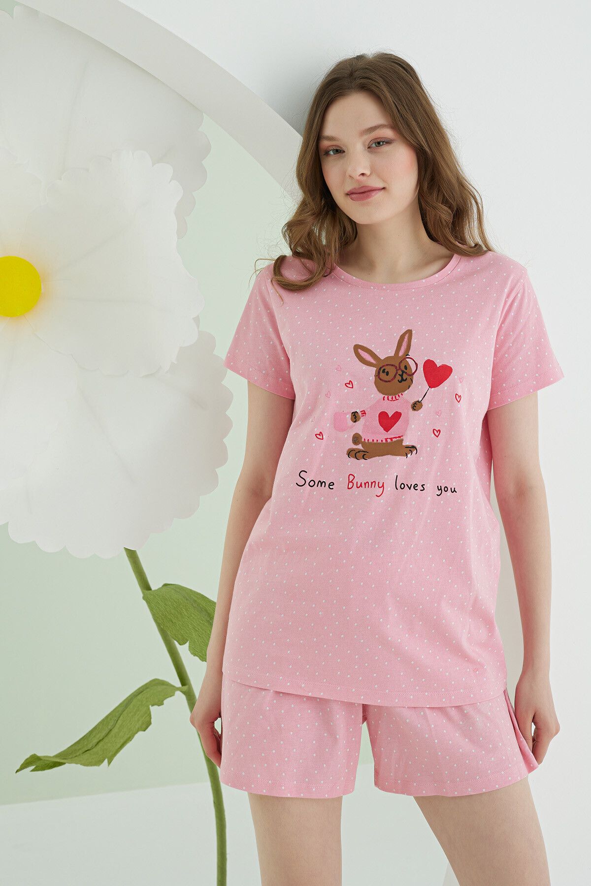 NBB kadın Pembe Bunny Şortlu Pijama Takımı % 100 pamuk tavşanlı kalpli