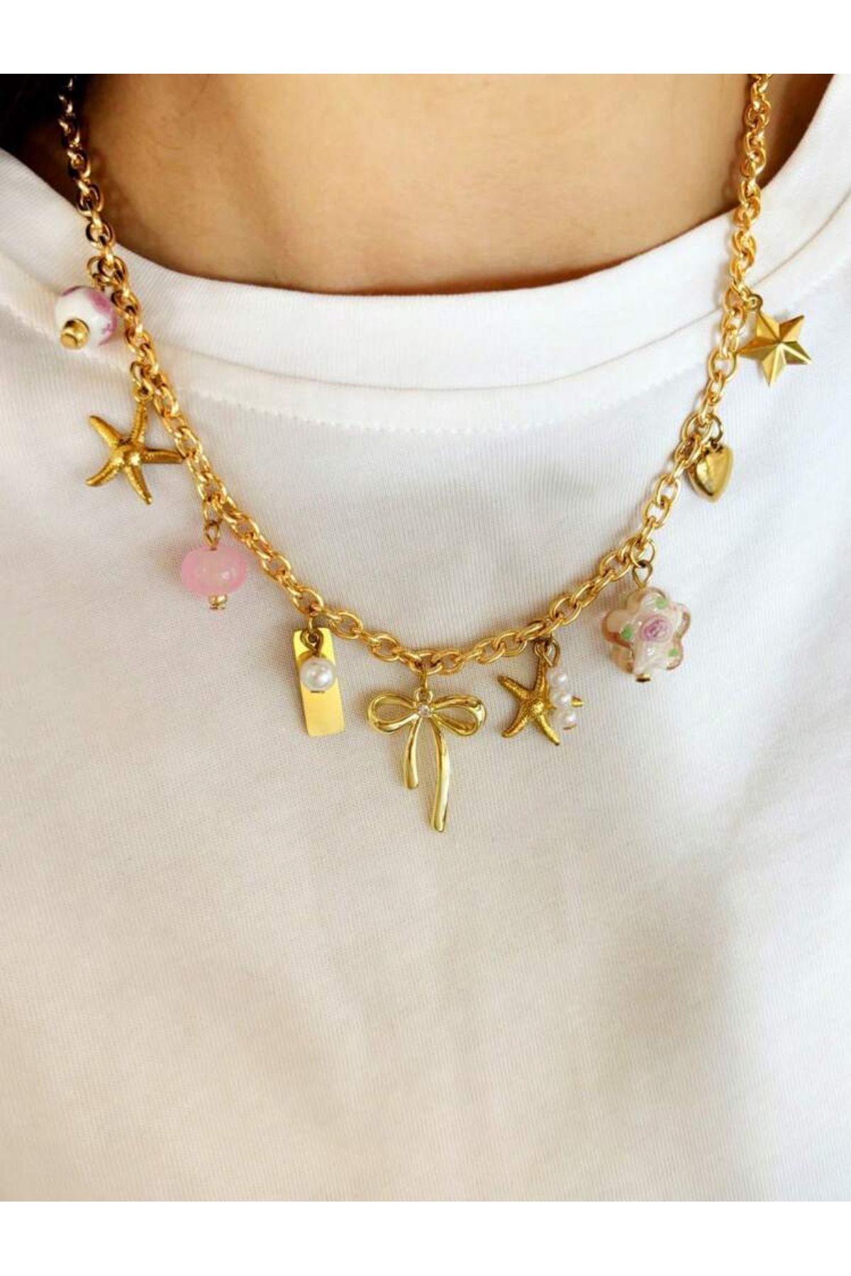 La Saade Y2k Coquette Pembe Gold Charm Aksesuarlı Pinterest Kolye