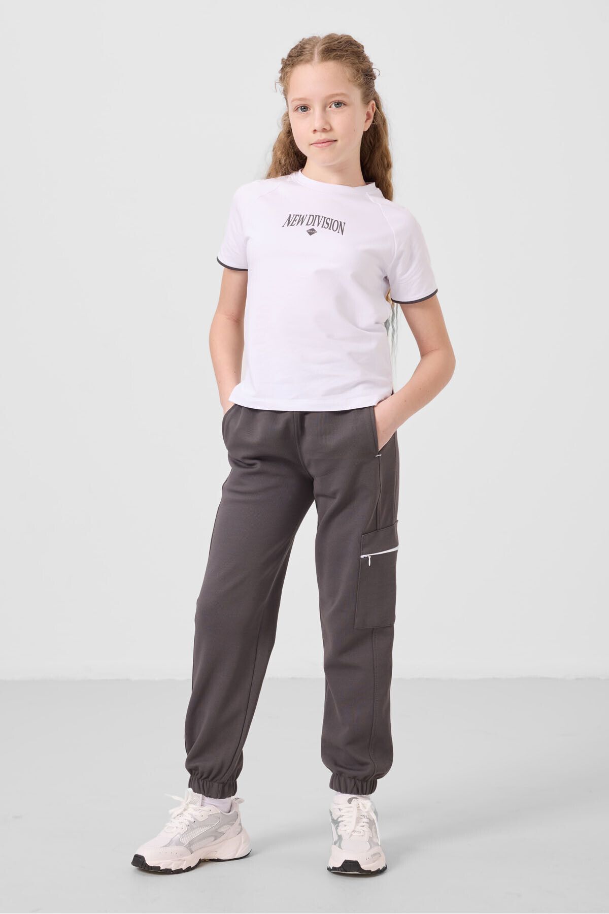 TOMMY LIFE-White-Dark Gray O Neck Printed Elastic Leg Cargo Pocket Girls Tracksuit Set - 75173 3