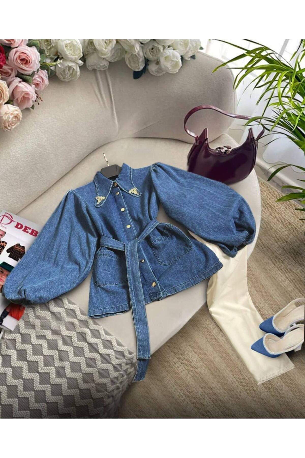 zümrüt moda yakası taş detaylı ceket ve pantolon , ikili kot takım 1794