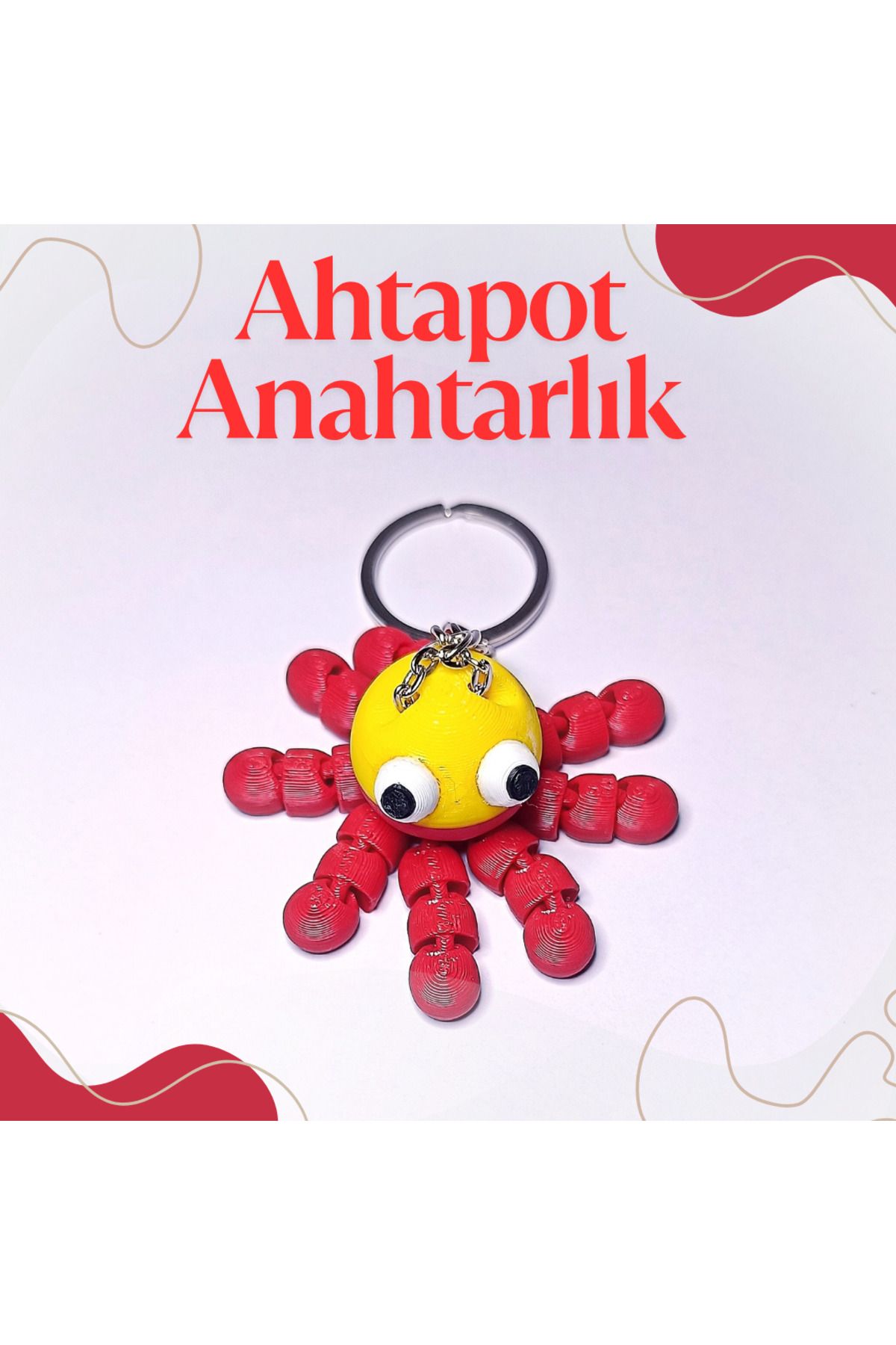 Doğal Tasarım Sevimli Ahtapot Anahtarlık-Sarı Kırmızı Renk 3D Baskı