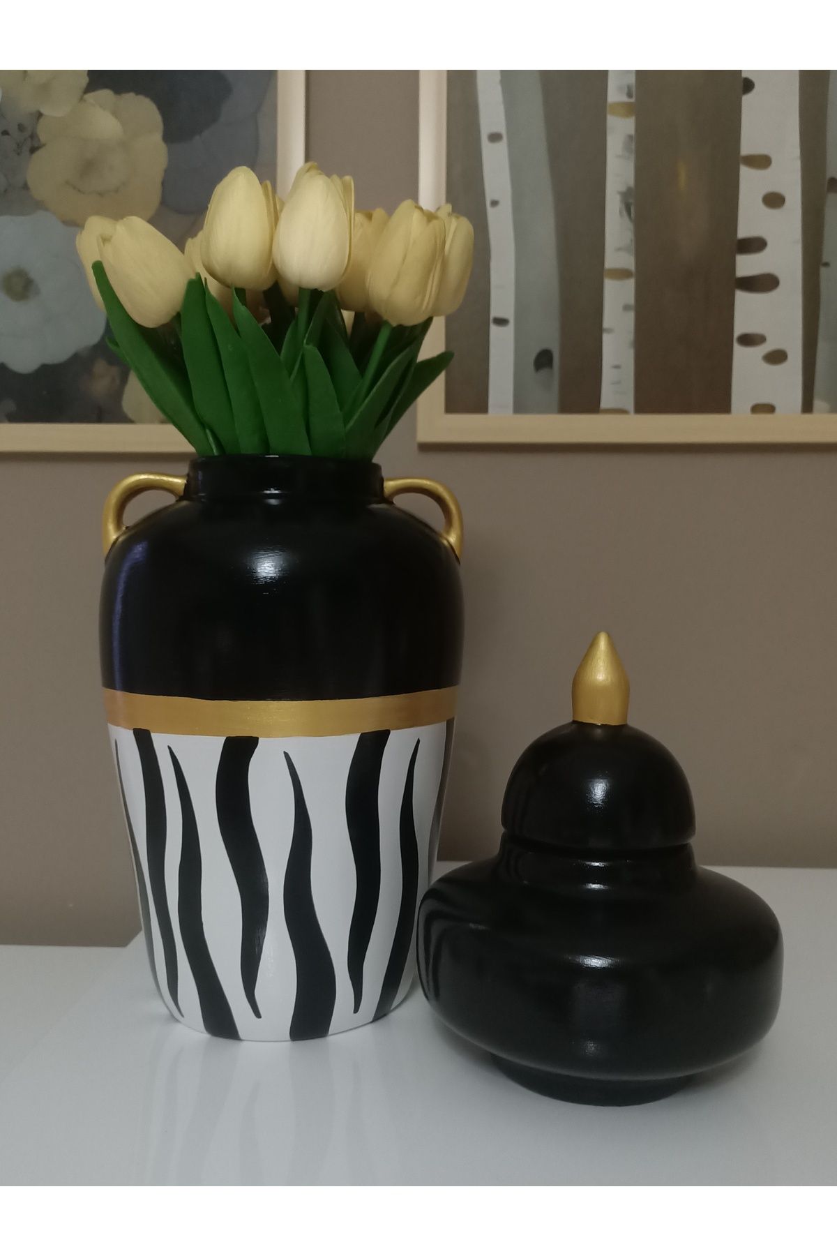 VERA HOME DECOR Clause, Seramik El boyaması, Zebra Desenli Dekoratif Vazo, Şah küp