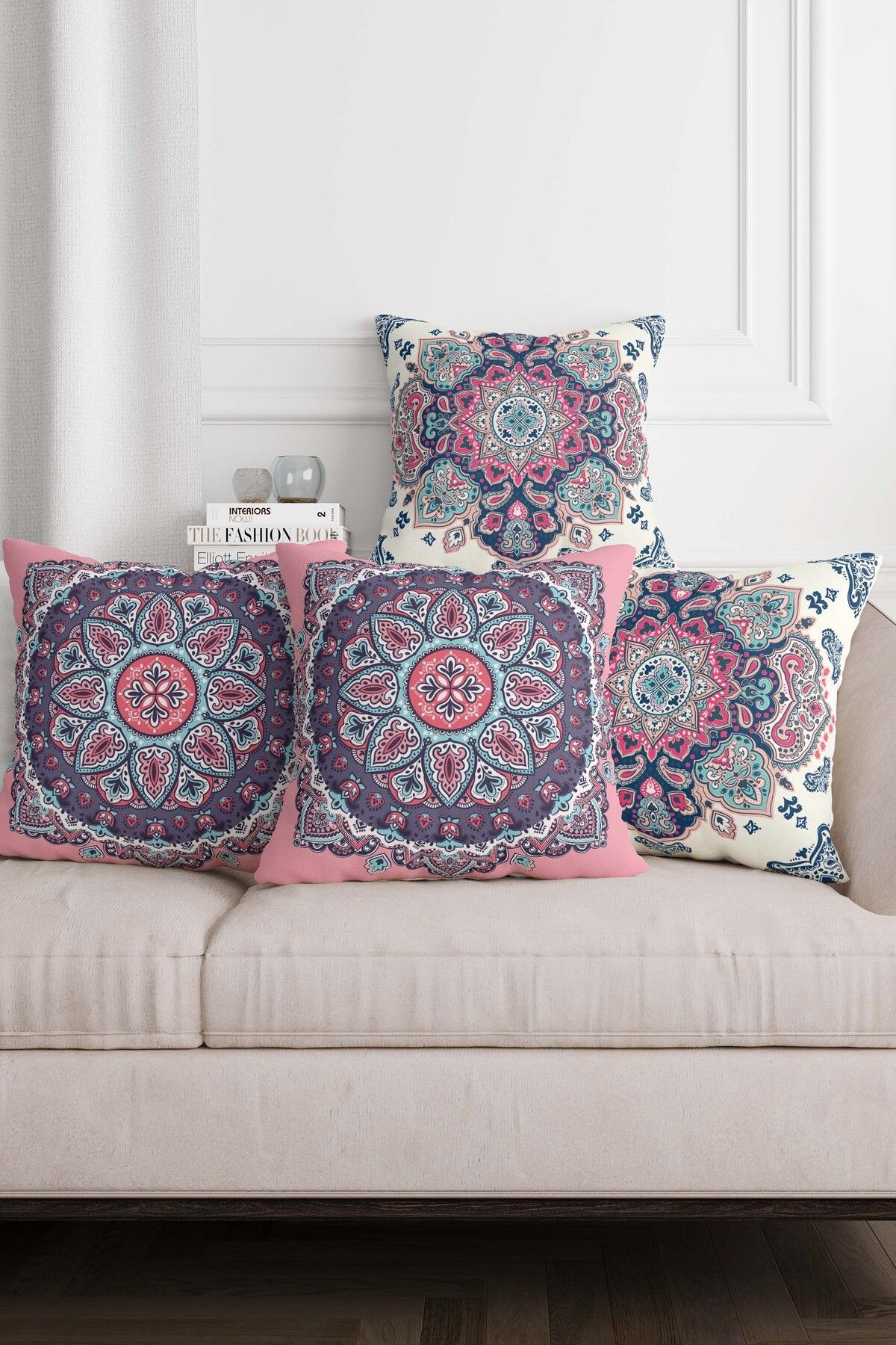 Laremis Pembe Mavi Vintage Desen Dijital Basılı 4lü Kırlent Kılıfı Seti