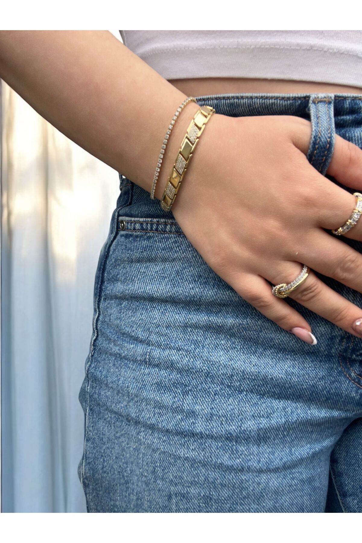 KERİMOĞLU Xupıng Vip Ray Zirkon Taşlı Çelik Bileklik (14K GOLD RENK /17-19CM)