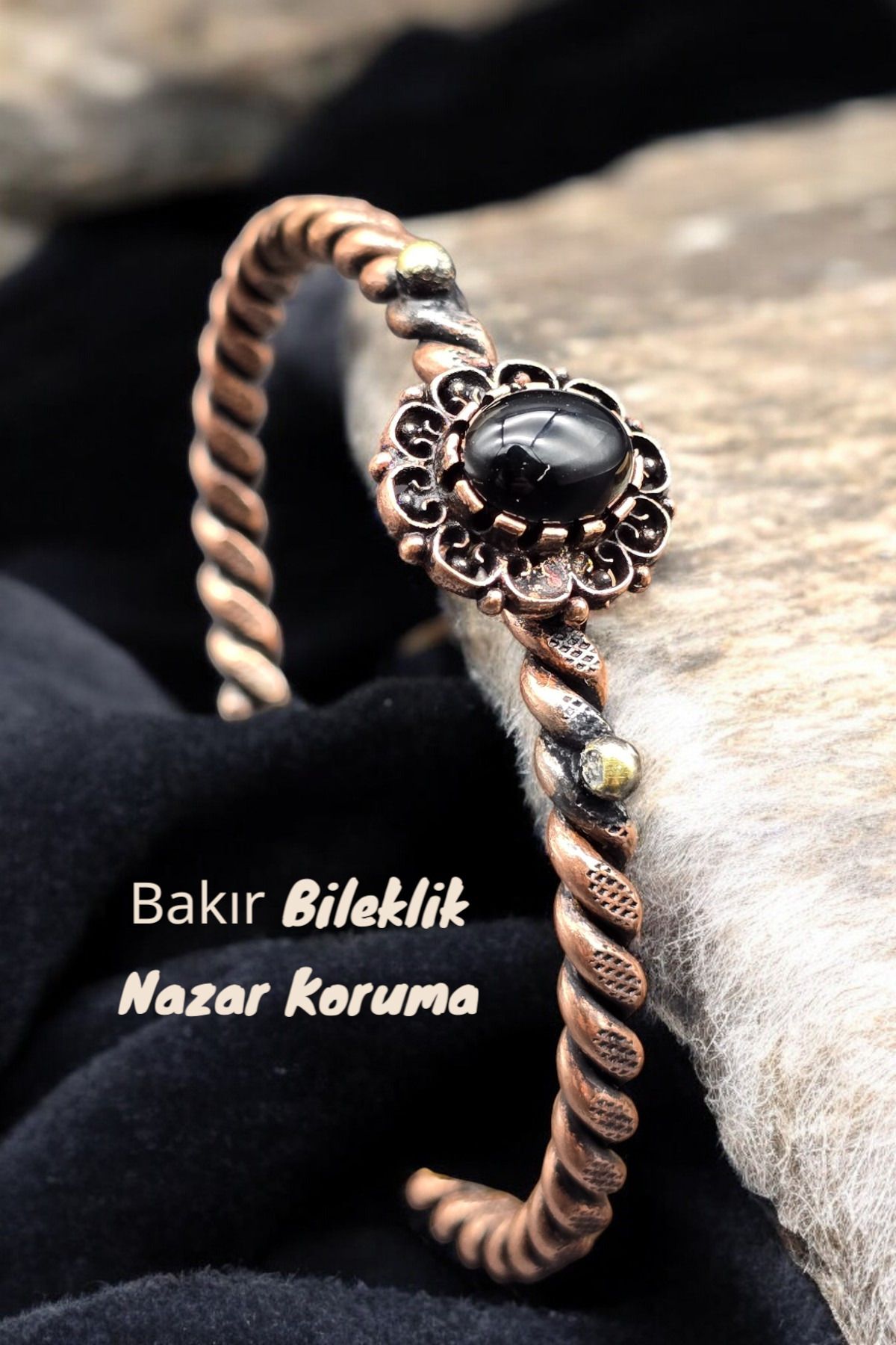 NBS Beautiful Naturel Stones Bakır Bileklik ( Saf ) Ayarlanabilir Akik Antik Benzersiz Tasarım Burma ( Nazar )