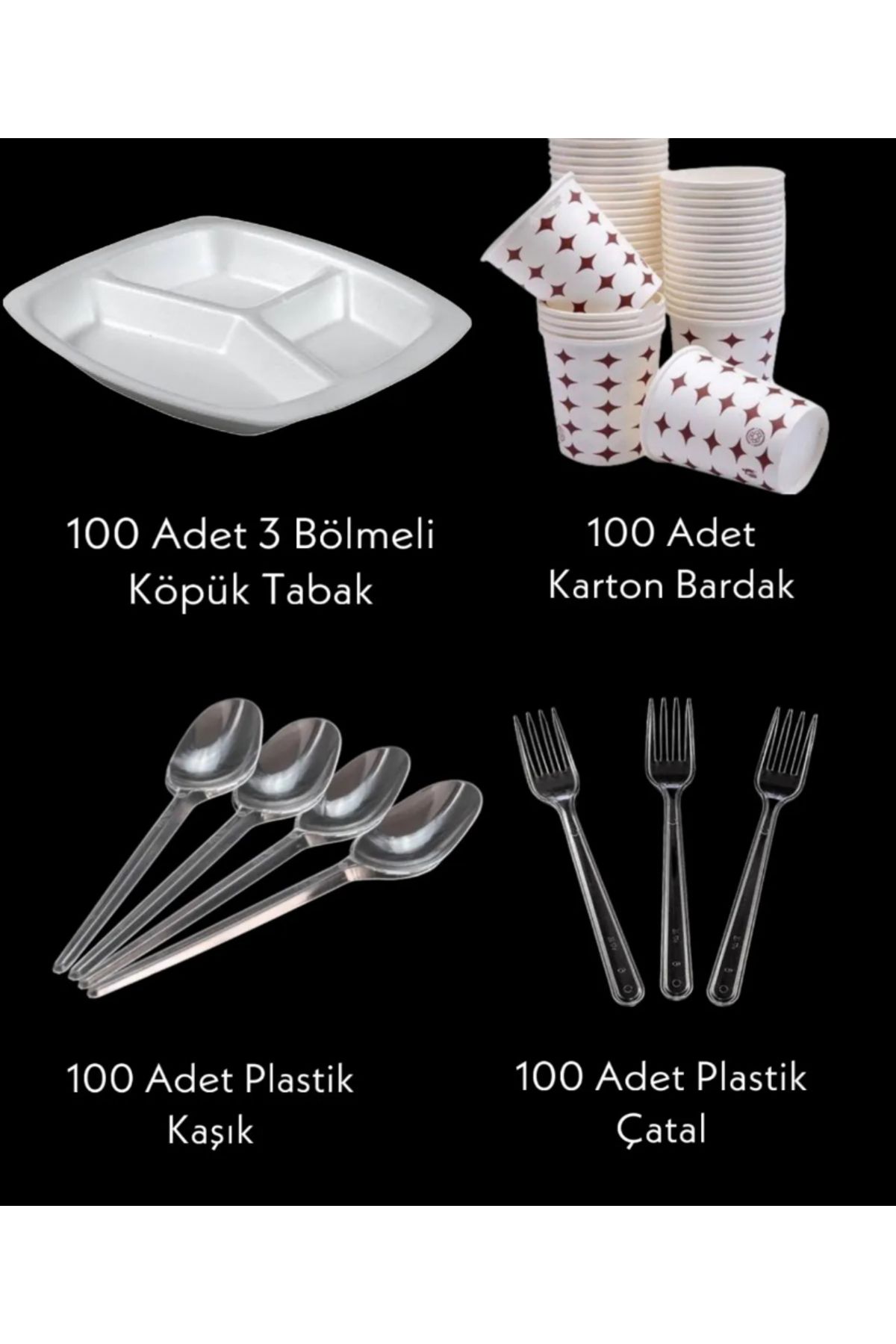 EKO 3 Gözlü Köpük Tabak Plastik Çatal Plastik Tabak Karton Bardak Piknik Mevlüt Seti 100 Adet