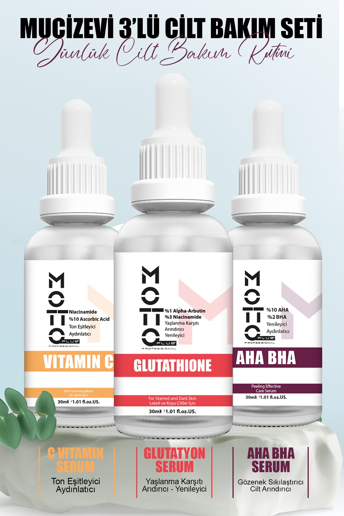 Motto Plus Professional 3'lü Cilt Bakım Serum Seti (C Vitamini - Glutatyon - AHA BHA)
