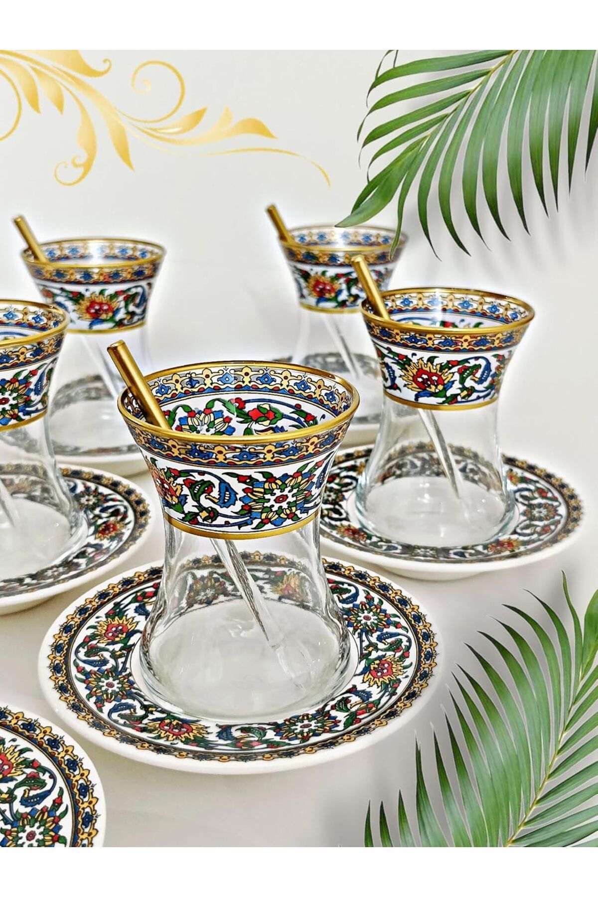STOREMAX ELZ Bitkisel Çini Desenli Cam Porselen 6 Kişilik Çay Seti Tea Set For 6 Persons Premium Porcelain