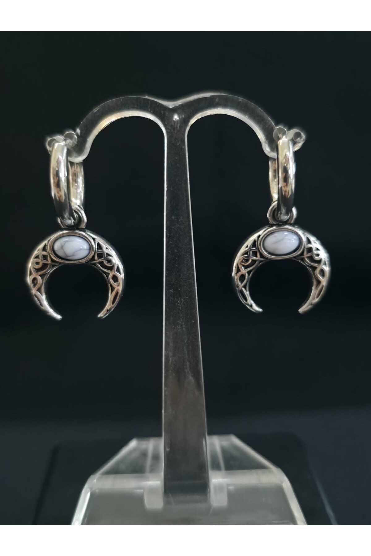 sarıyer silver Viking Model Motifli Doğal Taş İşlemeli Sallantılı Şık Stil Çelik Halka Küpe