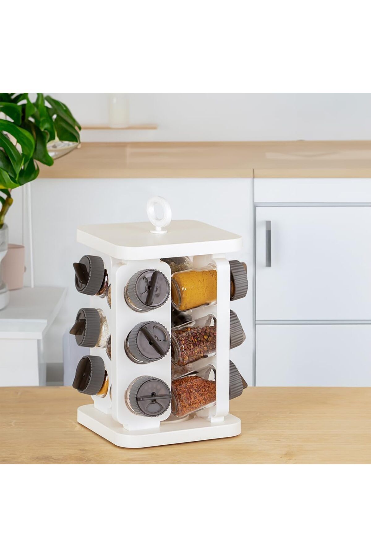 LUXE 1081 Kare Prizma Döner Standlı Döner Kapaklı 12'li Cam Baharatlık-Düzenleyici Organizer-Beyaz