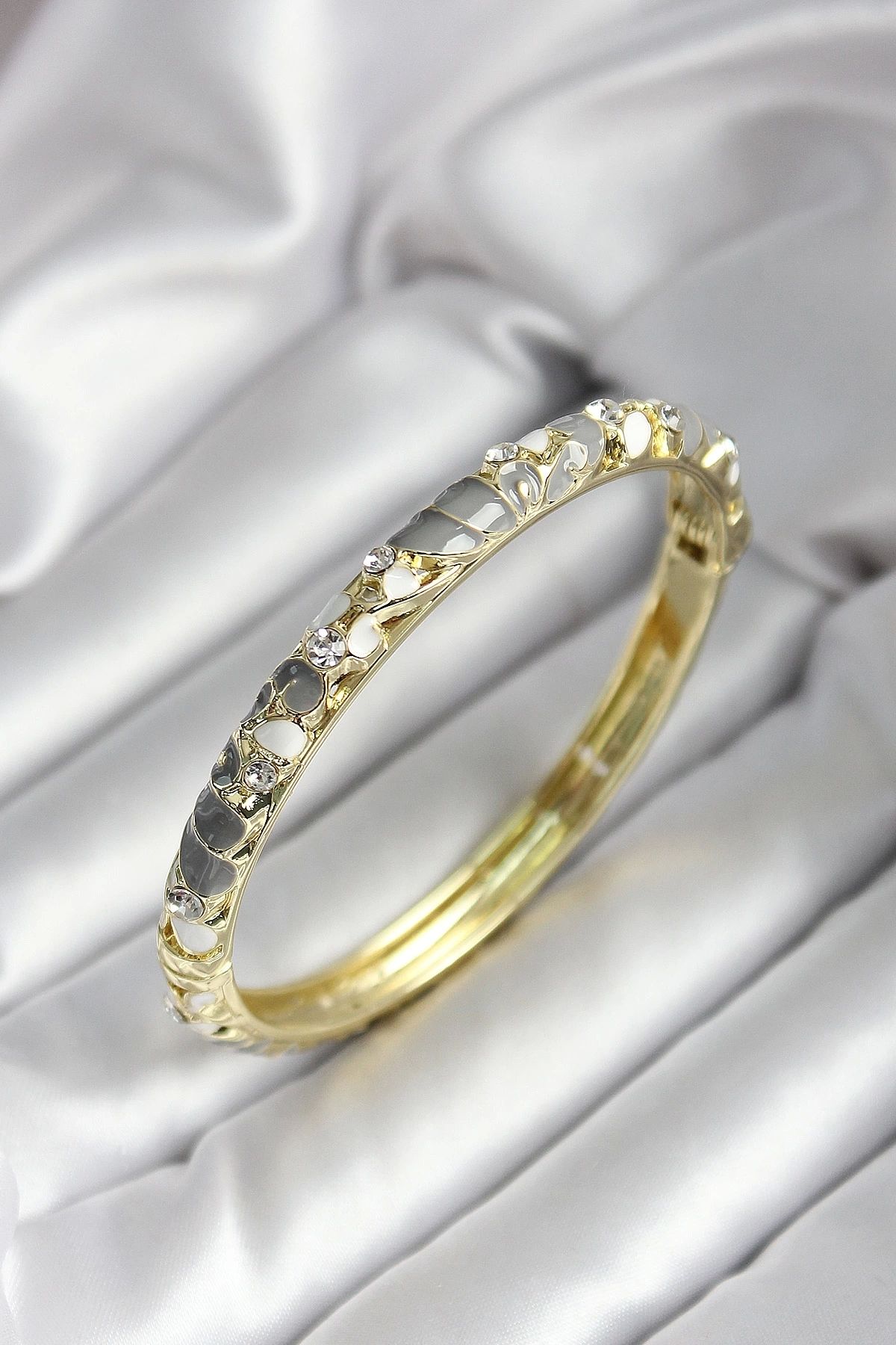 GLIMMERY Mineli Pirinç Gri Çiçek Desenli Gold Renk Kadın Kelepçe