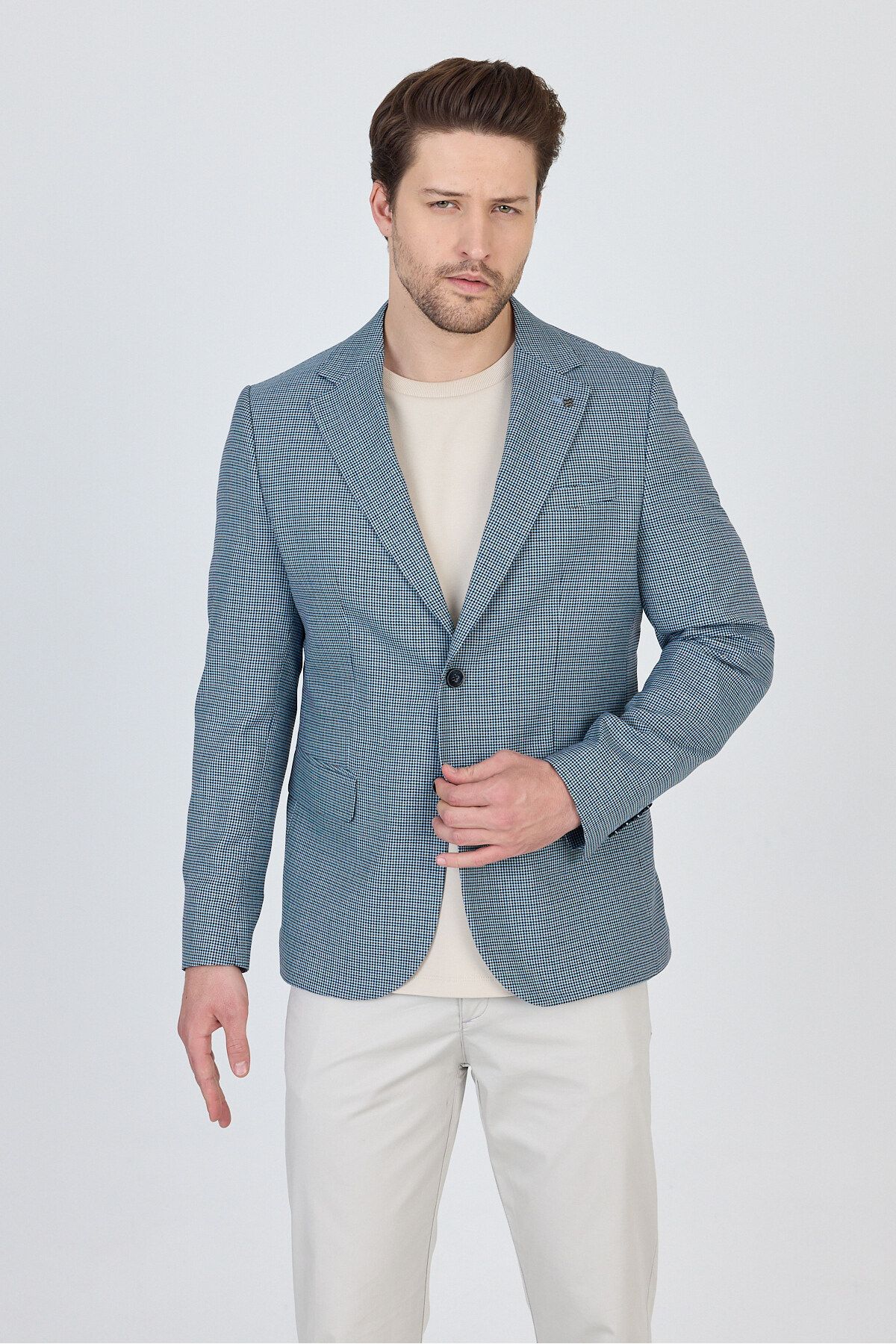 Frappoli Martinelli Erkek İndigo Ufak Desenli Polyester Kumaşlı Spor Blazer Ceket