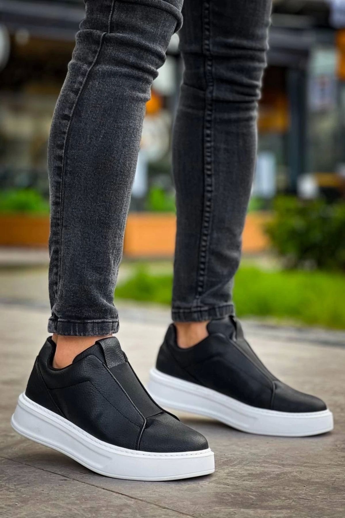 OurStyles KB-007 Kuback Siyah Beyaz Yüksek Taban Tek Bant Bağcıksız Günlük Erkek Ayakkabı