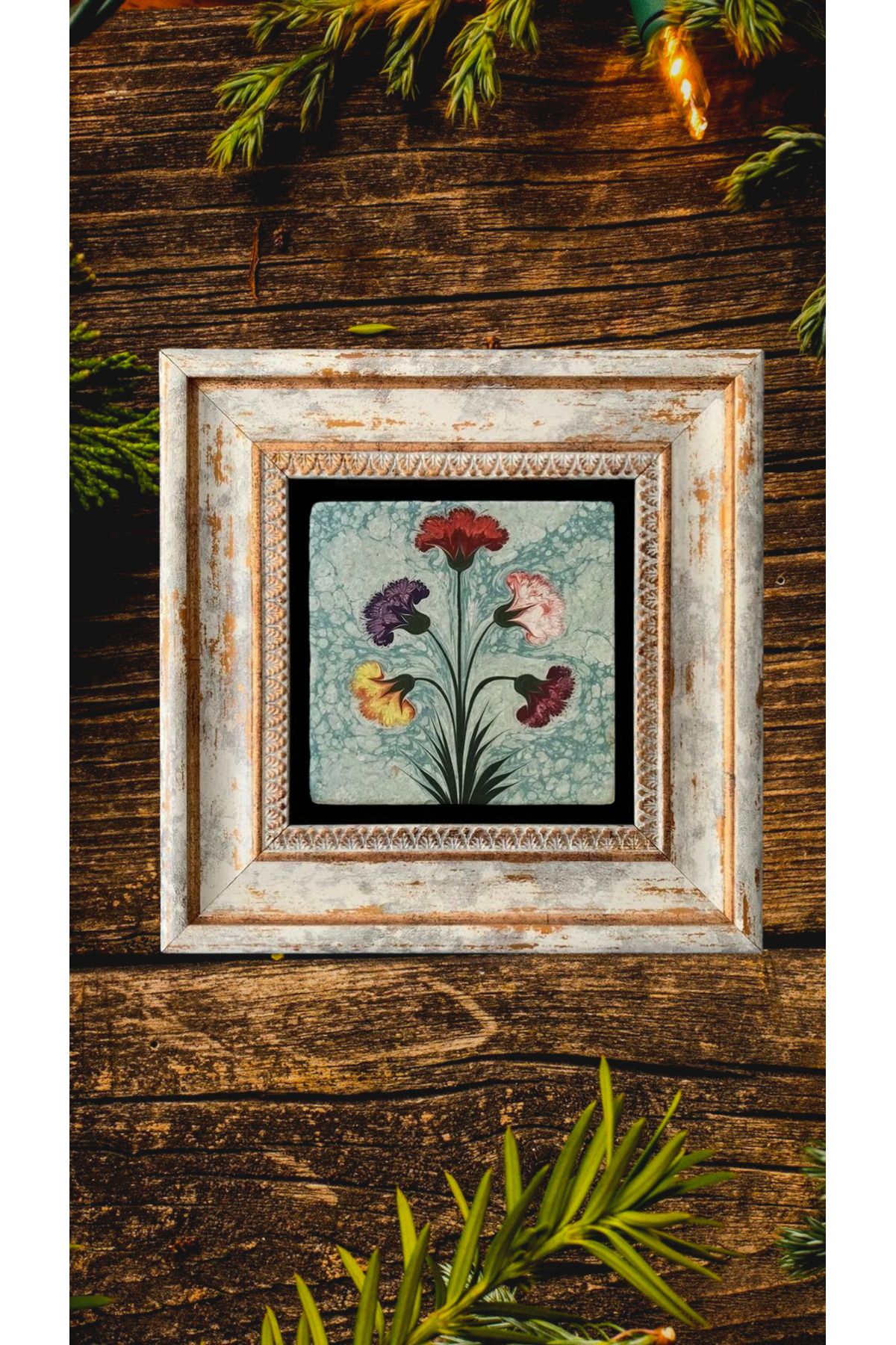 STONEVİVEART Karanfiller Doğal Taş Duvar Tablosu 20x20Cm Duvar Dekoru