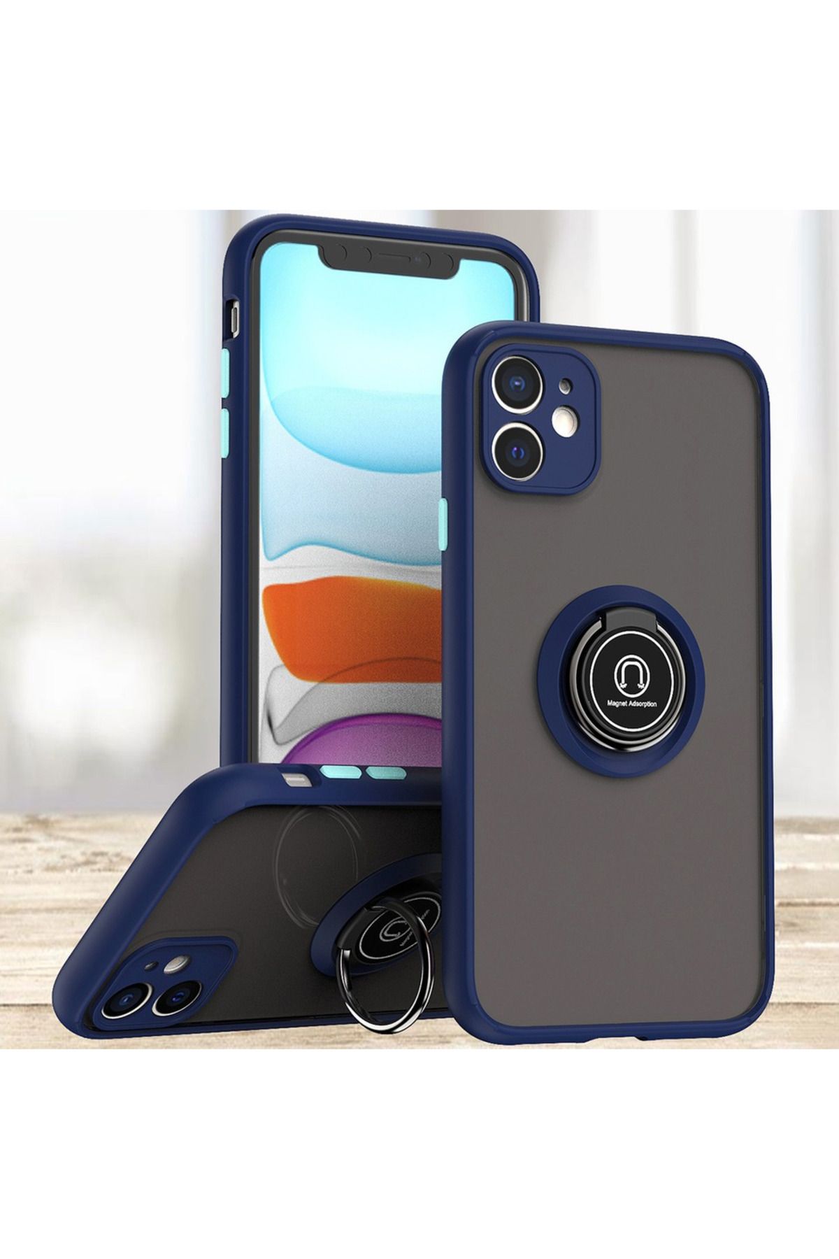 Rivor Apple iPhone 12 Uyumlu Kılıf Kamera Korumalı Standlı Buzlu Kenarları Renkli Yüzüklü Silikon Kapak