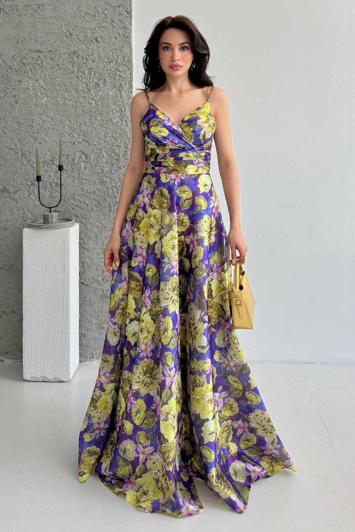 Serica Moda Sarı Desenli Askılı Astarlı Organze Abiye Elbise