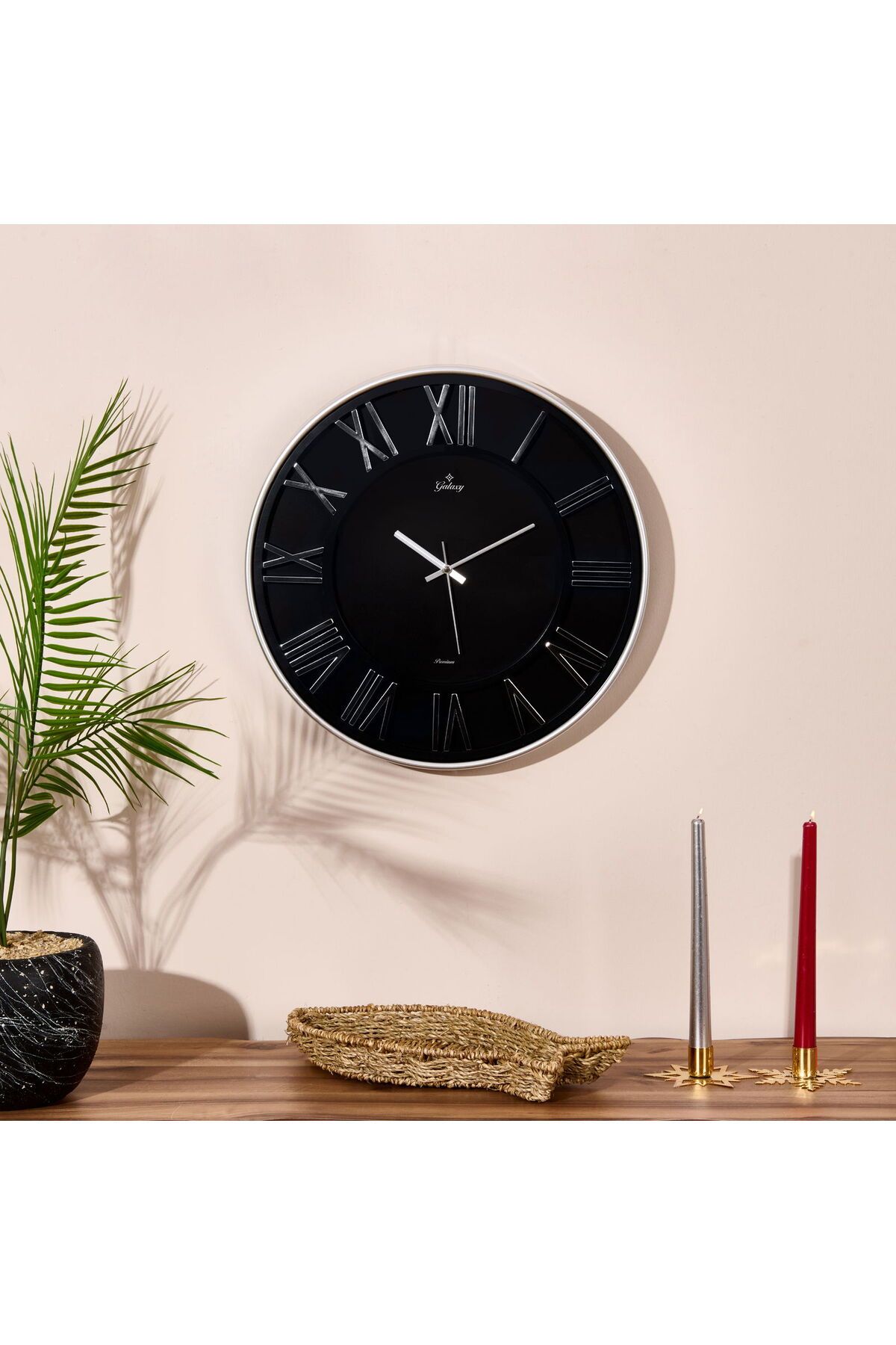Galaxy Exclusive Roma Rakam Duvar Saati - Gümüş / Siyah - 43 cm