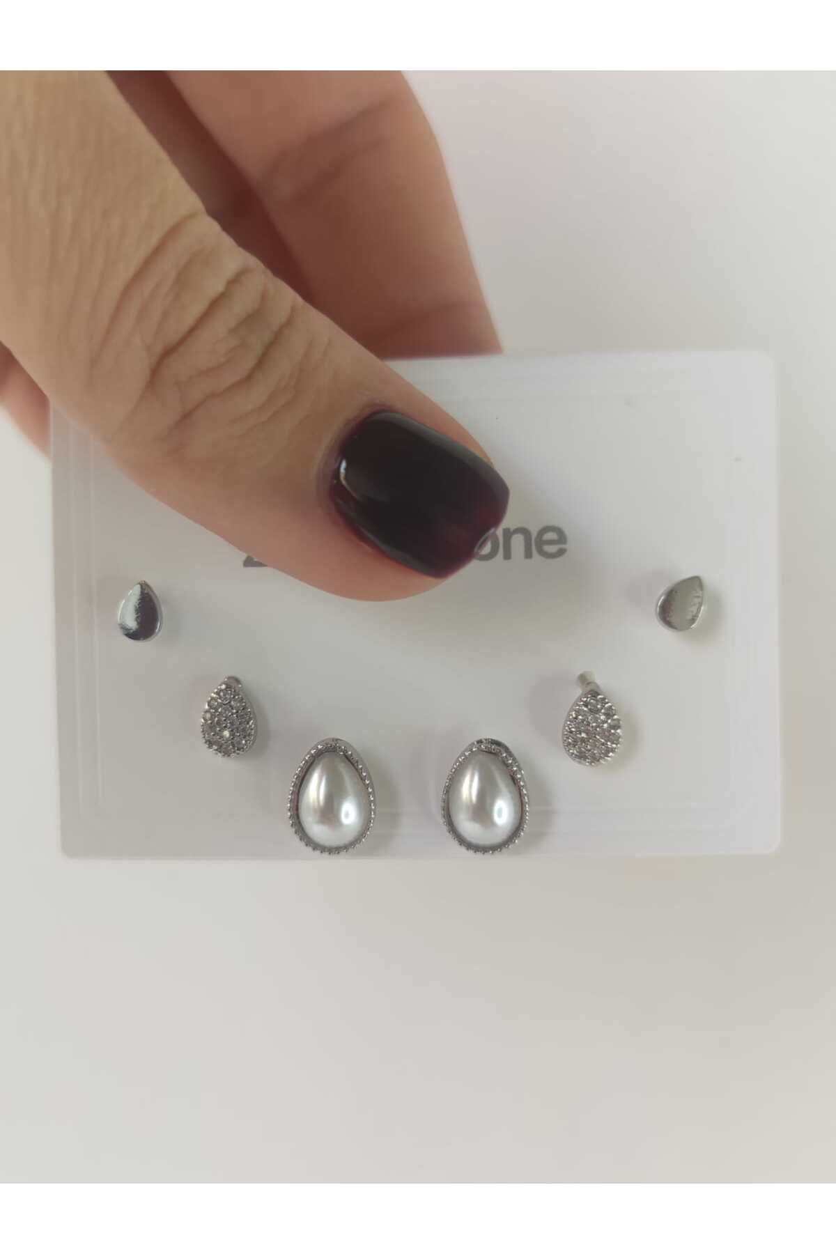 MoS JEWELLERY Gümüş Renk İnci ve Taş Detaylı Damla Model 3'lü Çelik Küpe Seti