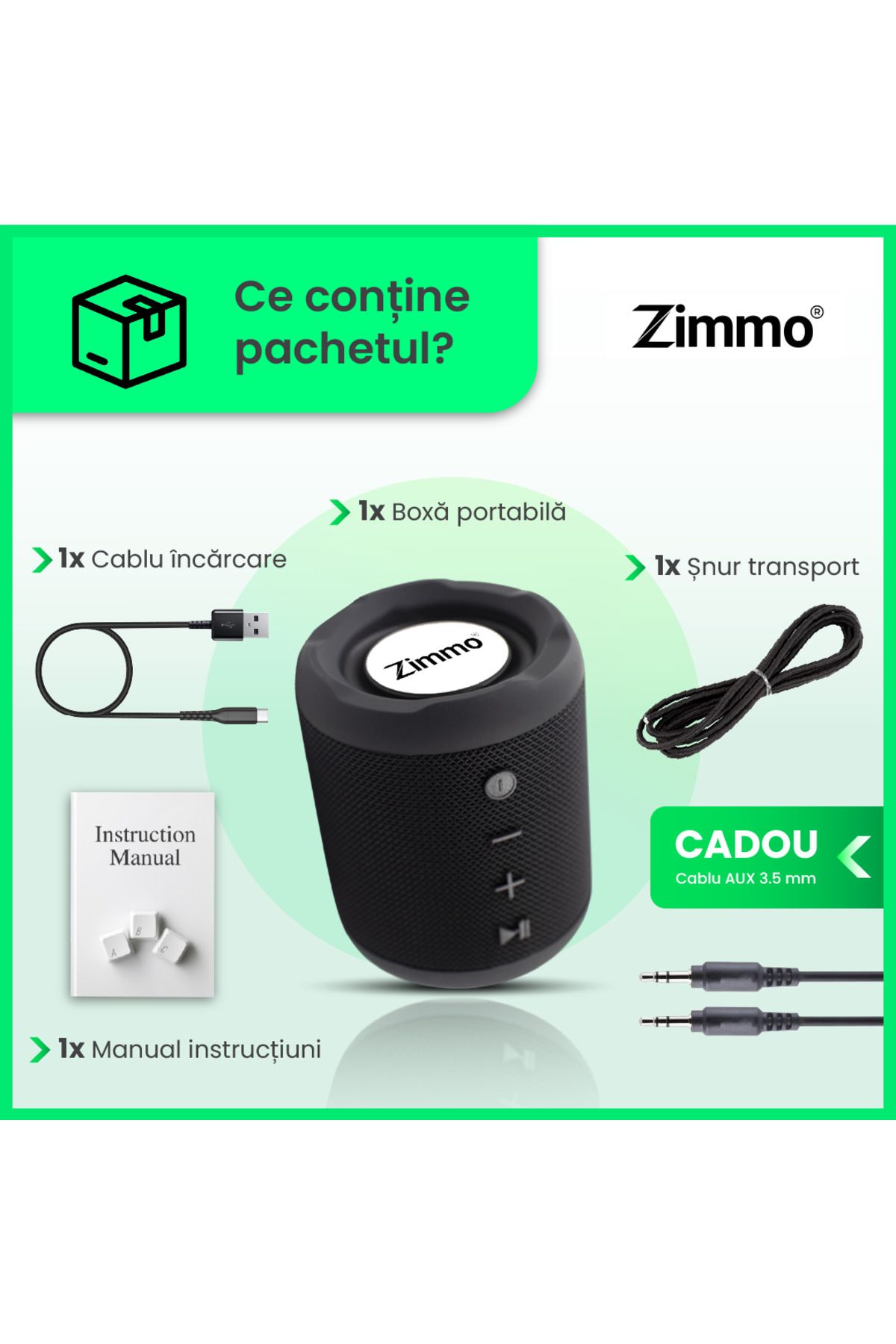 Zimmo®-Zimmo® 360° portable speaker, Bluetooth 5.1, FM Radio, 5 playback modes, Autonomy up to 10h, Black 8