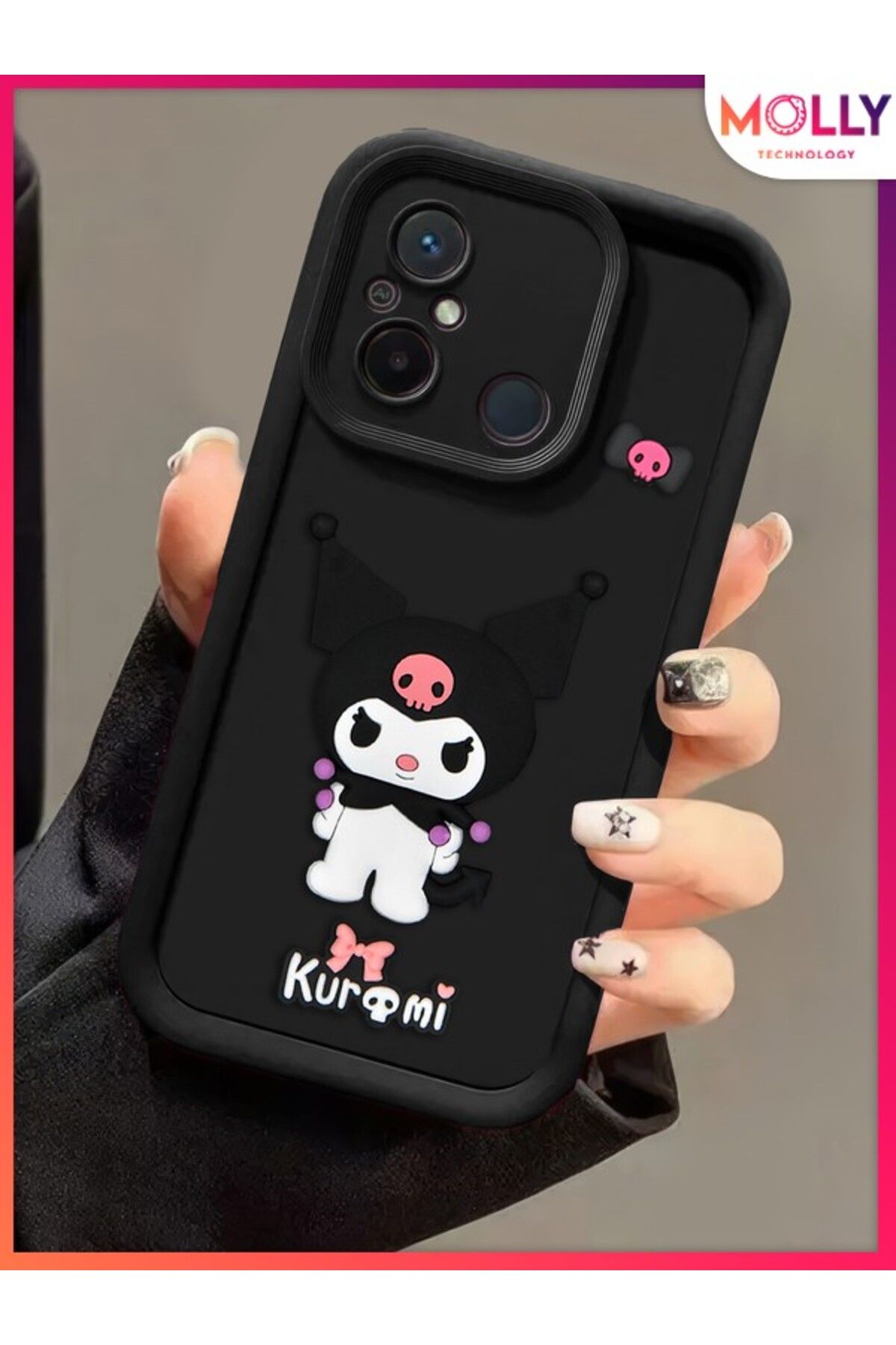 Molly Xiaomi Redmi 12C İçin Siyah Kenarları Kalın 3d Kabartmalı Kawaii Kuromi Silikon Kılıf