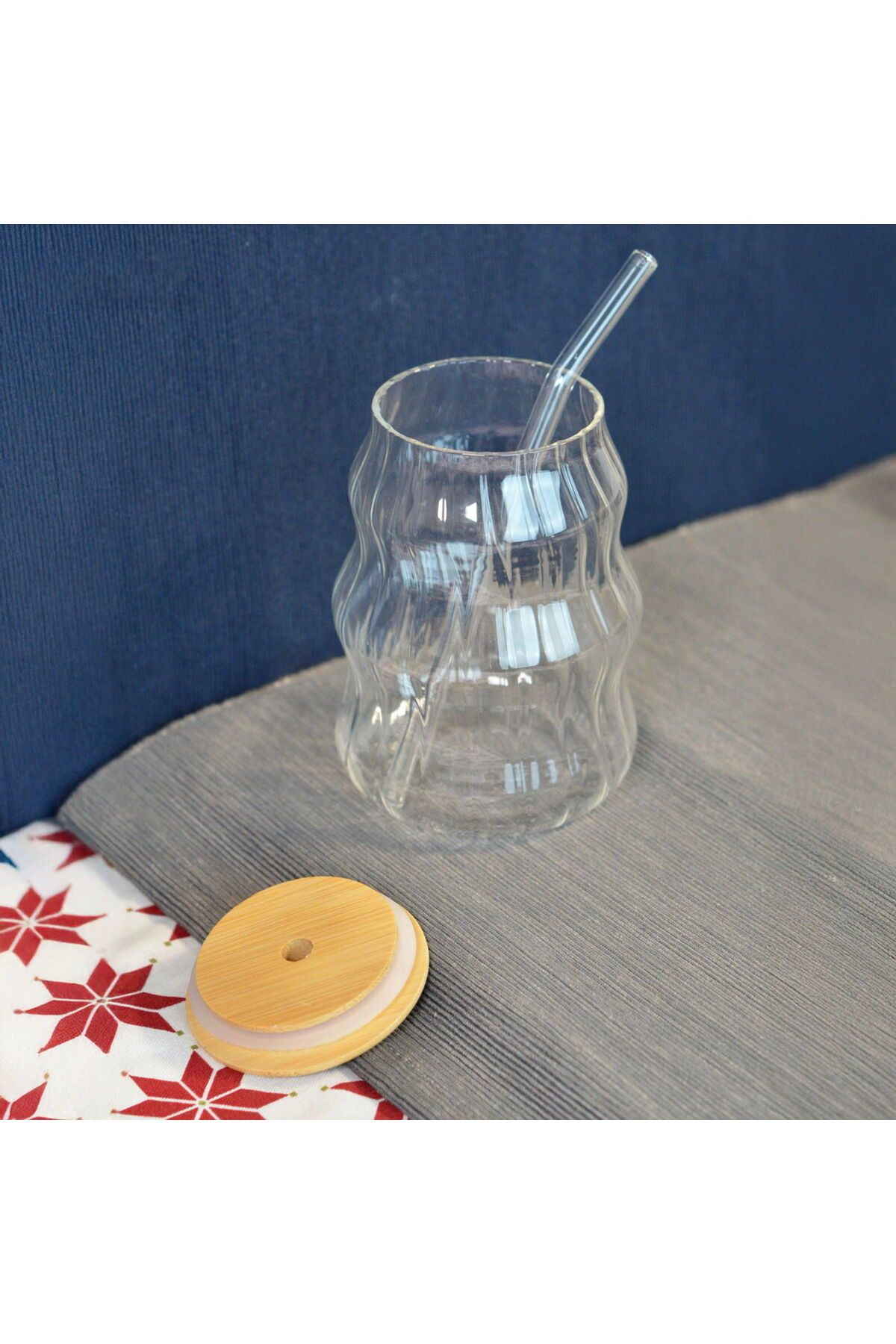 MATMEL Bambu Kapaklı Pipetli Çizgili Bardak - Açık Kahverengi / Şeffaf - 450 ml