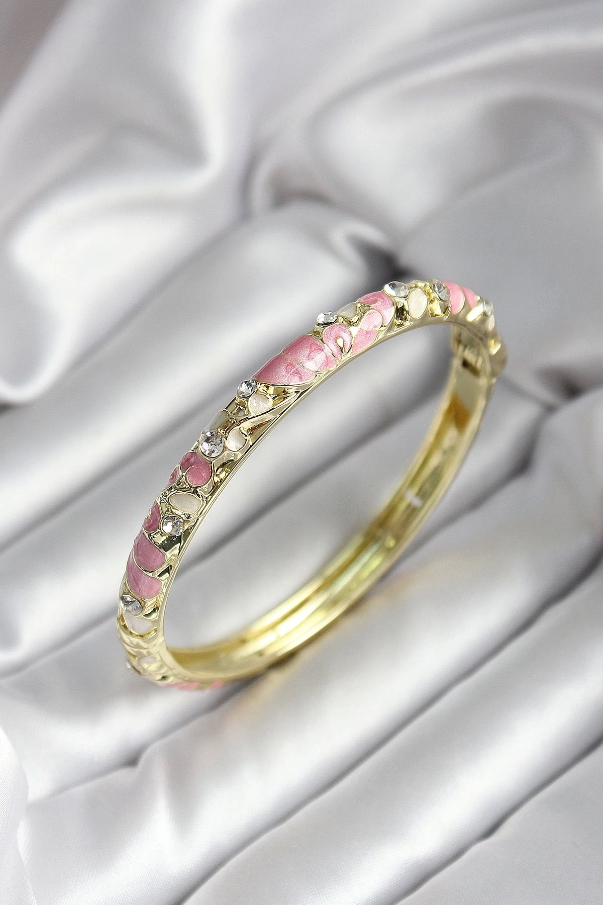 GLIMMERY Mineli Pirinç Pembe Çiçek Desenli Zirkon Taşlı Gold Renk Kadın Kelepçe
