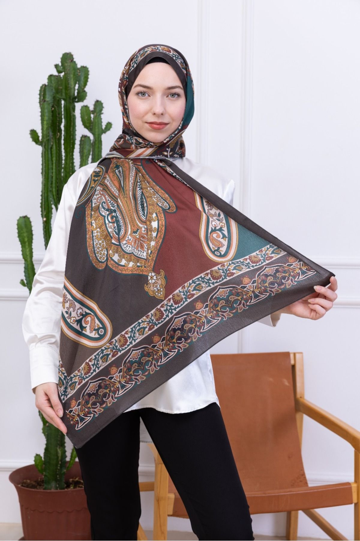 aldyoo Retro Etnik Desen İdol Janjan Şal HakiYeşil Kızılkahve