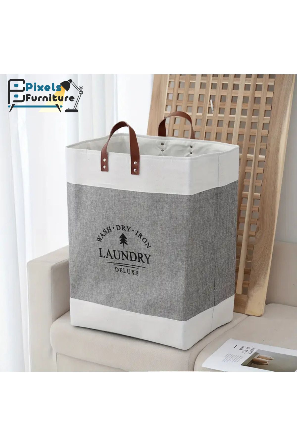 PixelsFurniture-سلة غسيل قماش مربعة قابلة للطي متعددة الاستخدام من بكسل الأثاث 6