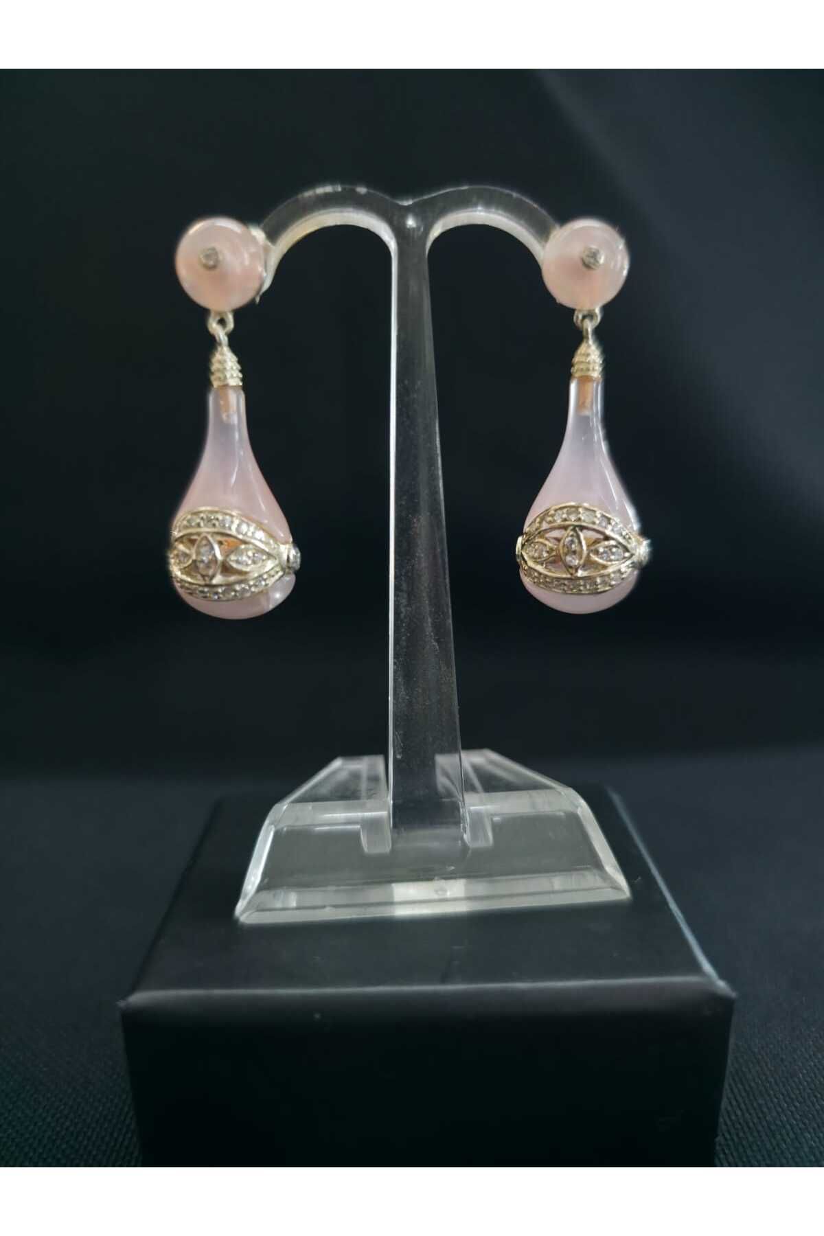 sarıyer silver Pembe Kuvars Doğal Taşlı Gümüş İşlemeli Zirkon Taş İşçilikli 925 Ayar Sallantılı Gümüş Küpe