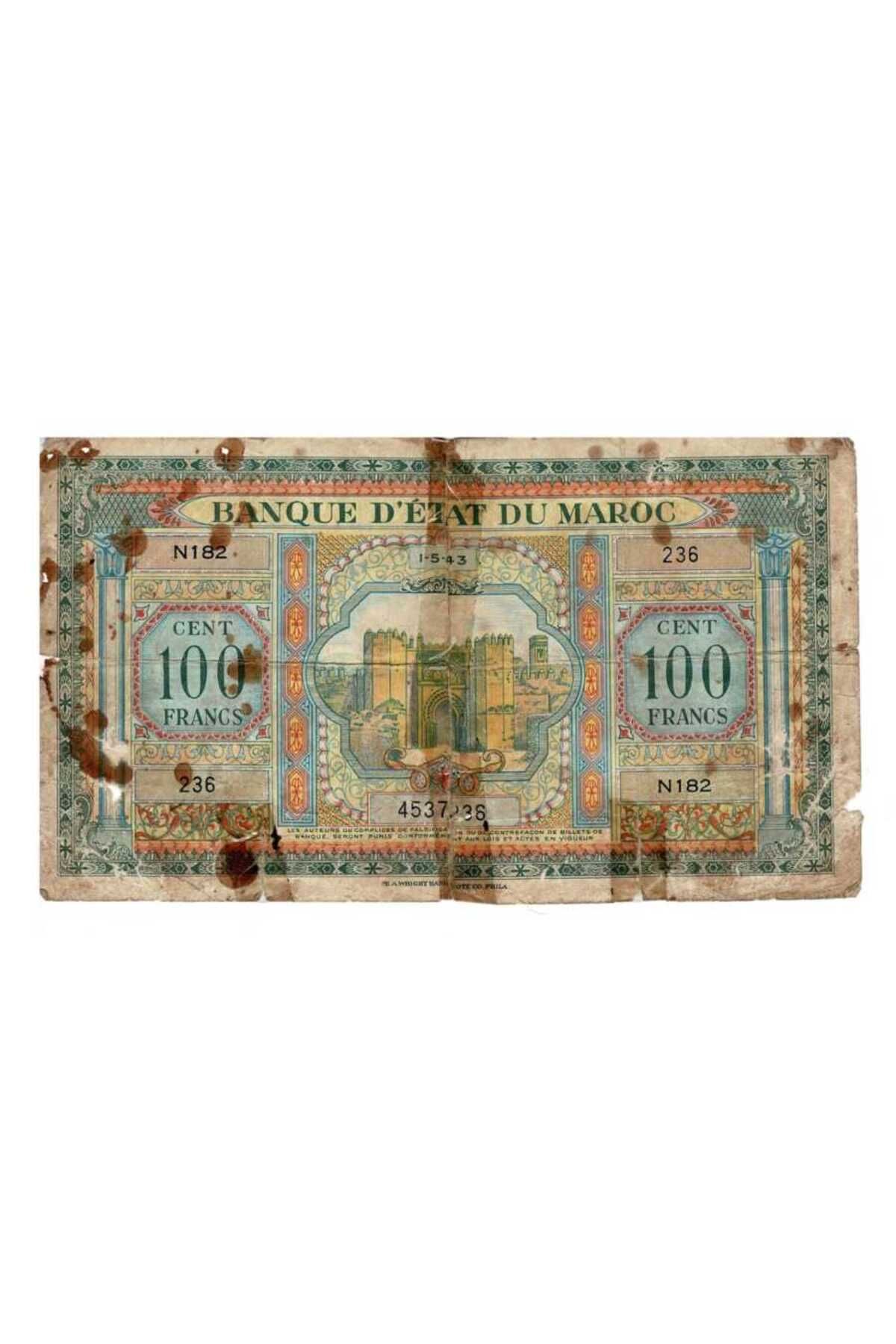 Gökçe Koleksiyon Fas 100 Frank 1943 Haliyle YKP4419