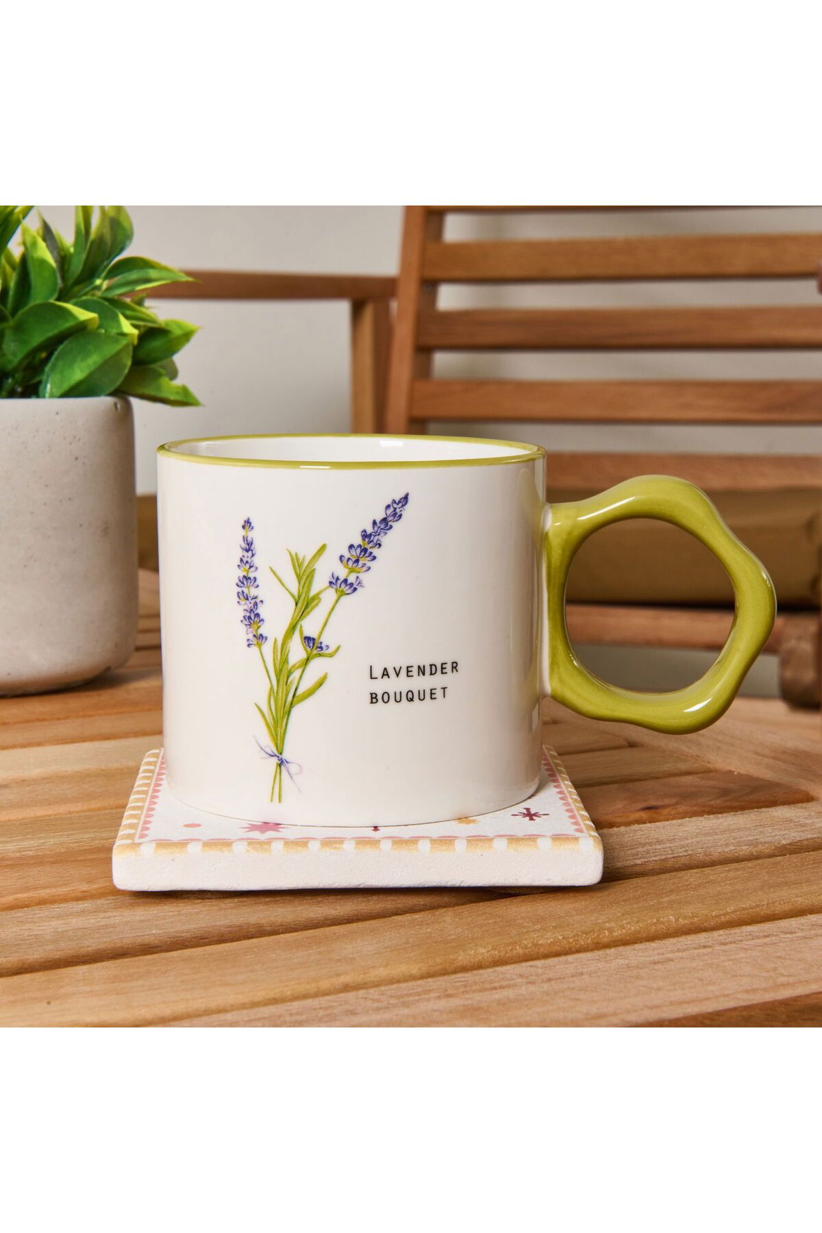ASPARTAM Çiçek Desenli Kupa - Beyaz / Yeşil - 310 ml