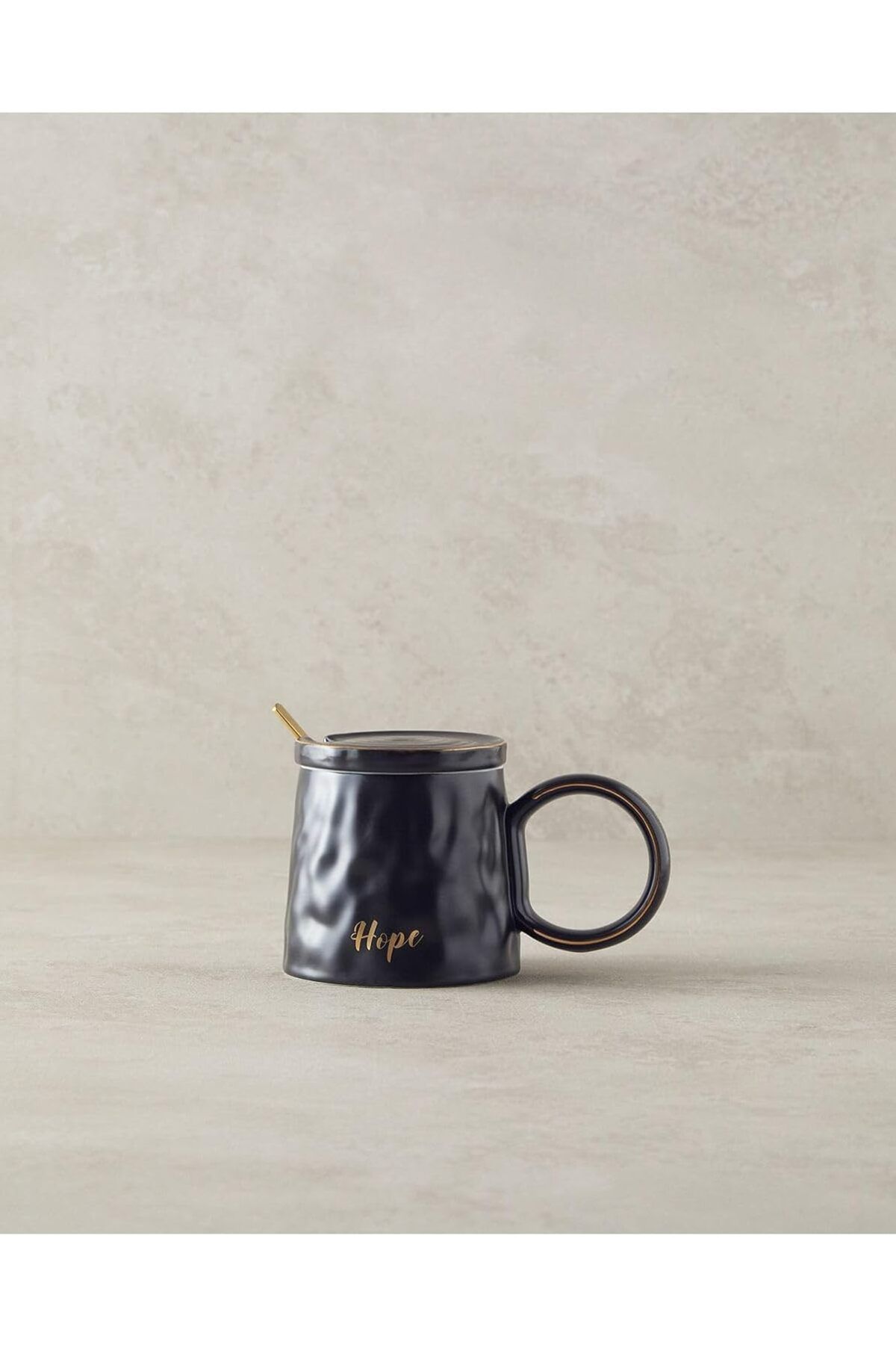 Mu Art Ahşap Mrt Home Mantra New Bone China Kapaklı Kaşıklı Kupa Siyah Art 871301