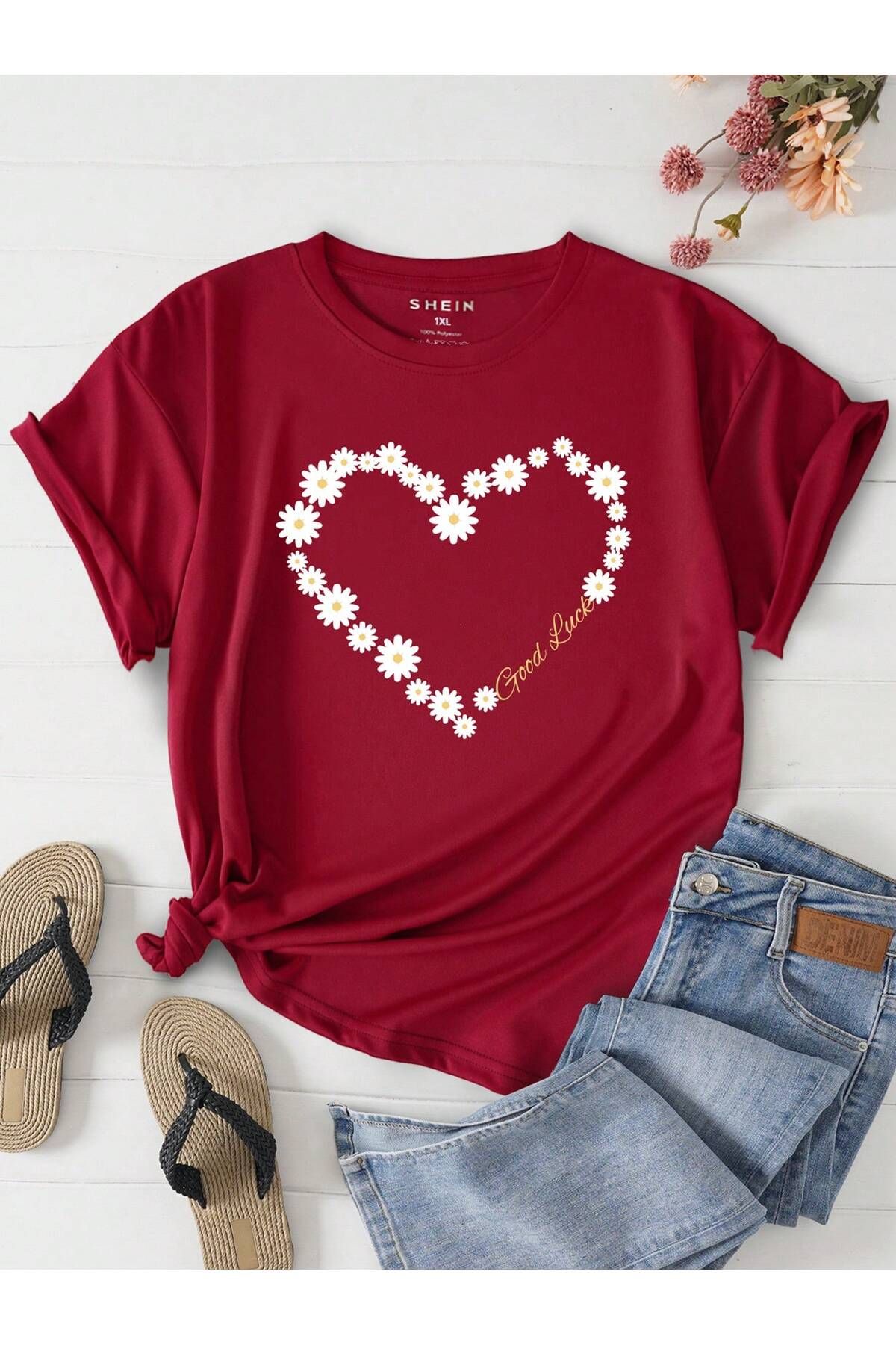 aynewmoda Kadın kısa kollu yuvarlak yaka kalp desenli tişört