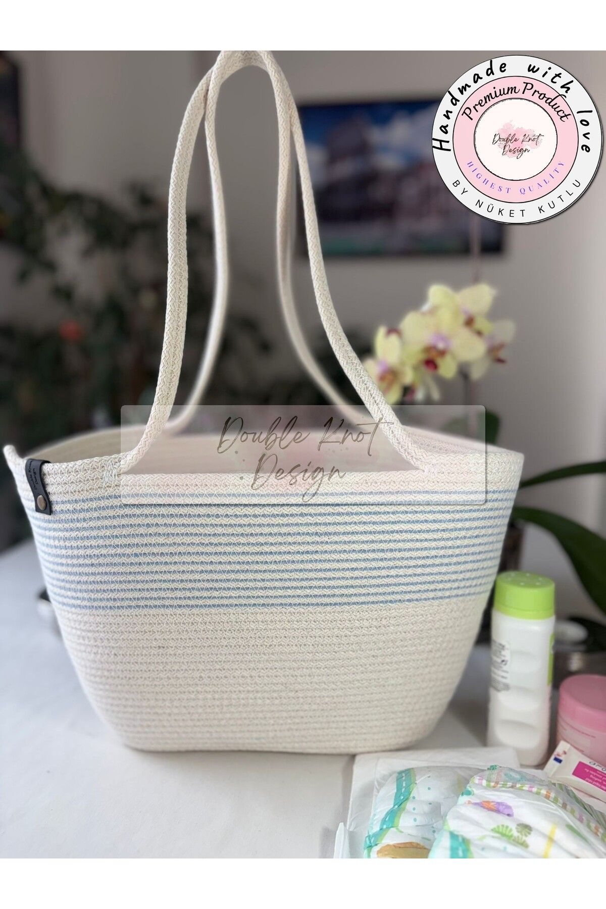 DOUBLE KNOT DESİGN BABY Bebek Bakım Çantası,Kadın Kol Çantası,Hediyelik,Anneler Günü,Hasır Jüt Tress